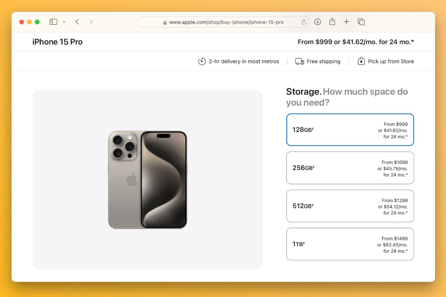Apple's online store listing storage options for iPhone 15 Pro