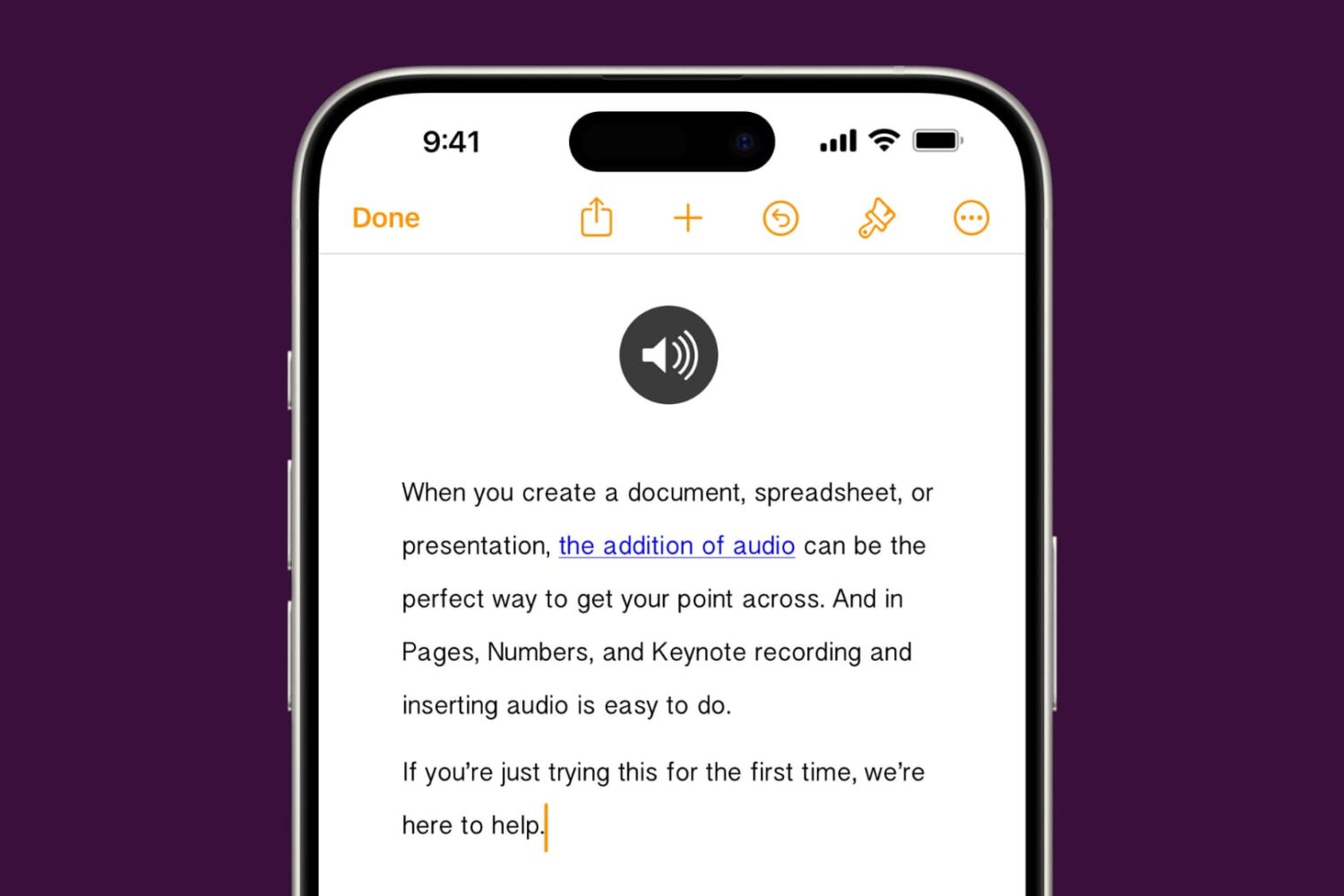 Audio added to a Pages document on iPhone