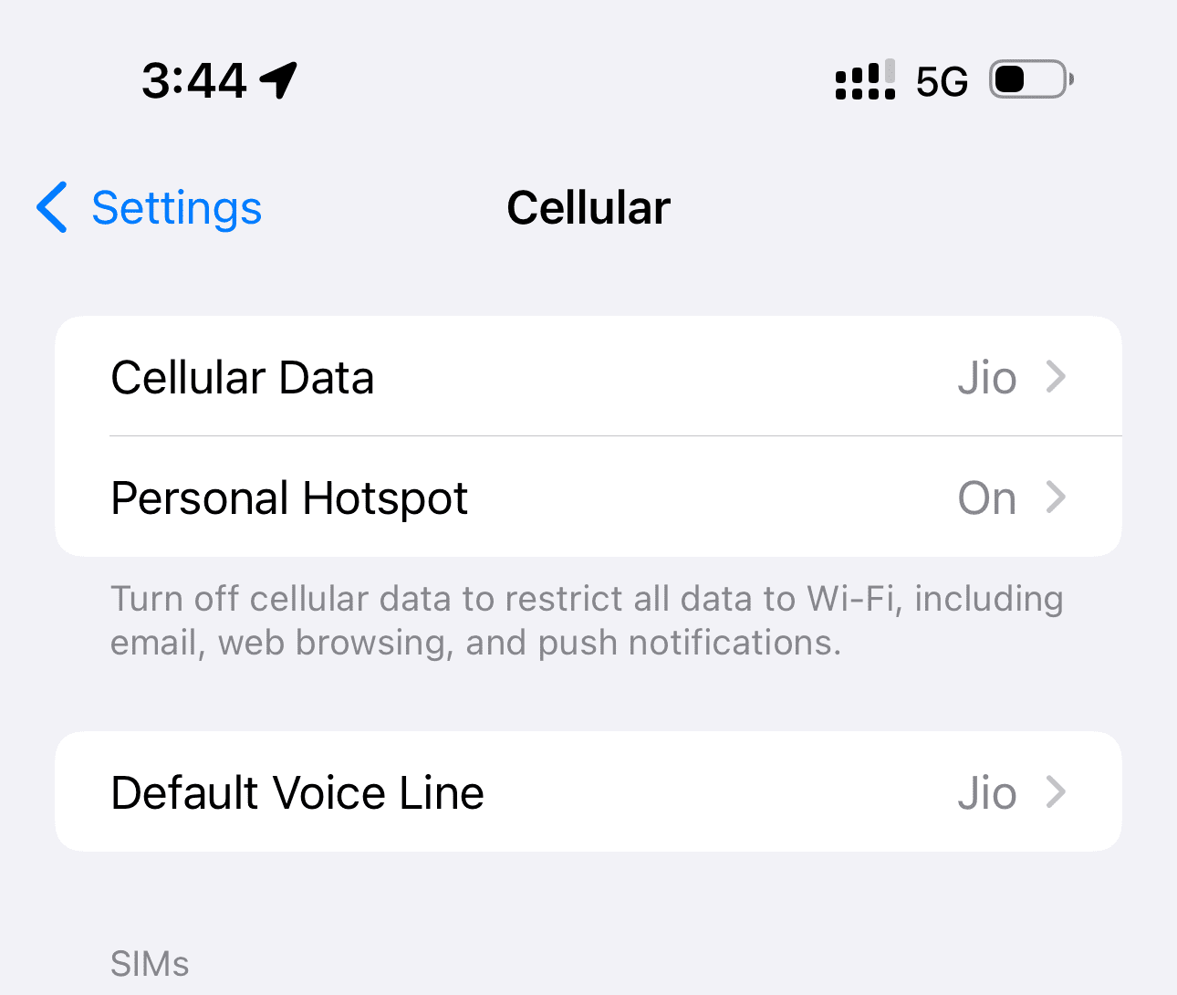 Cellular settings screen on iPhone