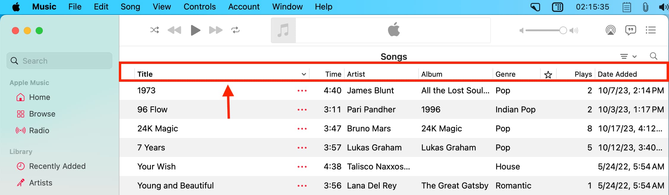 Column strip in Mac Music app