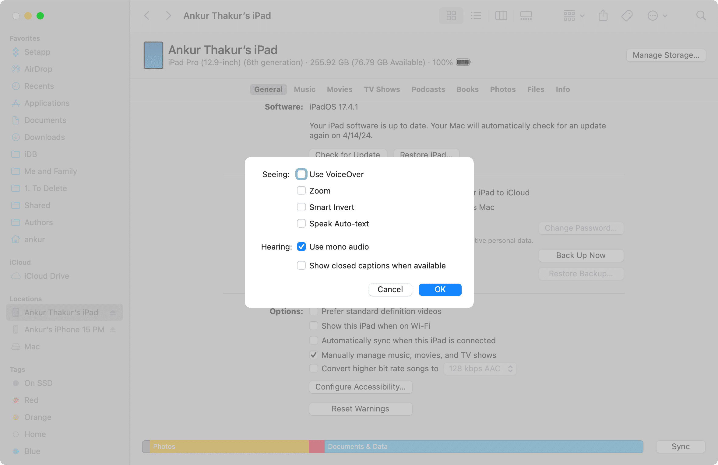 Configure Accessibility for iOS device in Finder on Mac