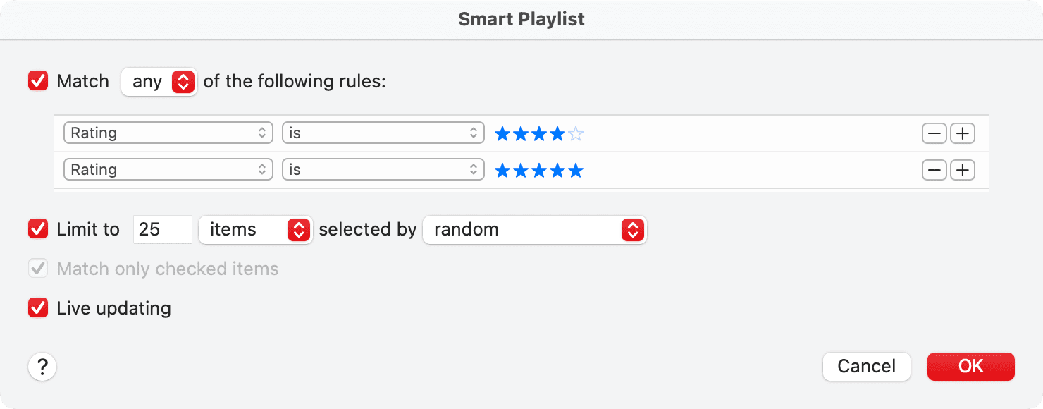 Creating smart playlist based on star ratings in Music app on Mac