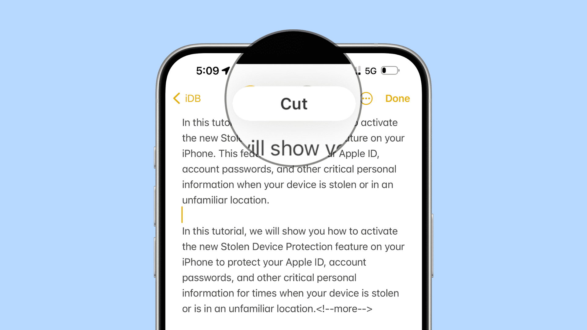 Cut gesture in action on iPhone