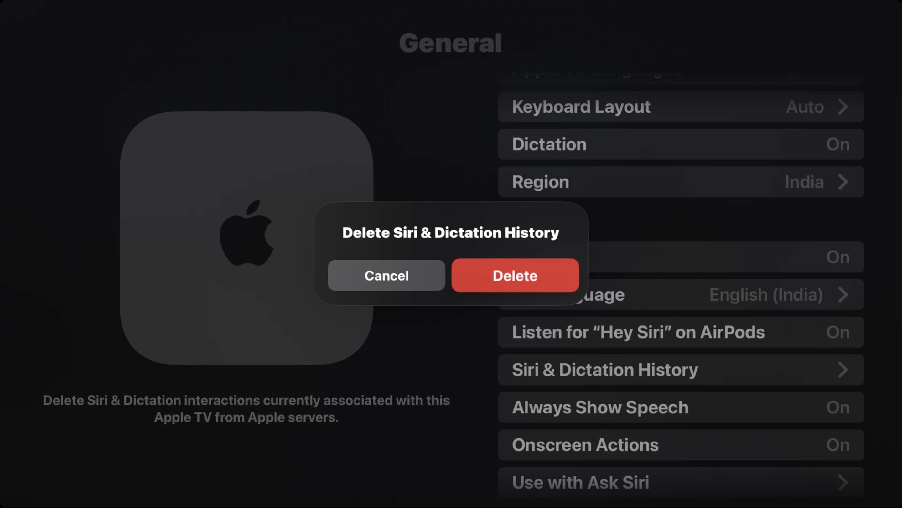 Delete Siri and Dictation History on Apple TV