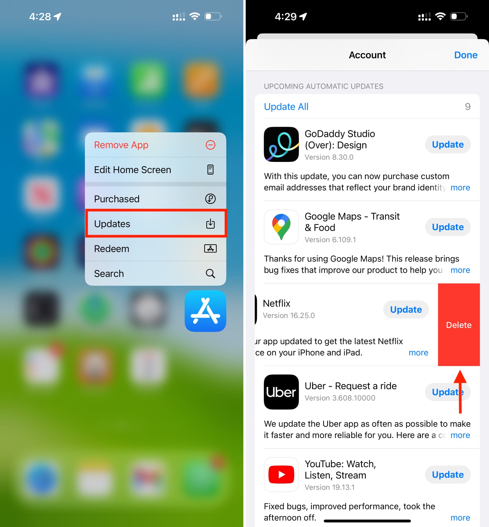 Delete app from App Store Updates screen