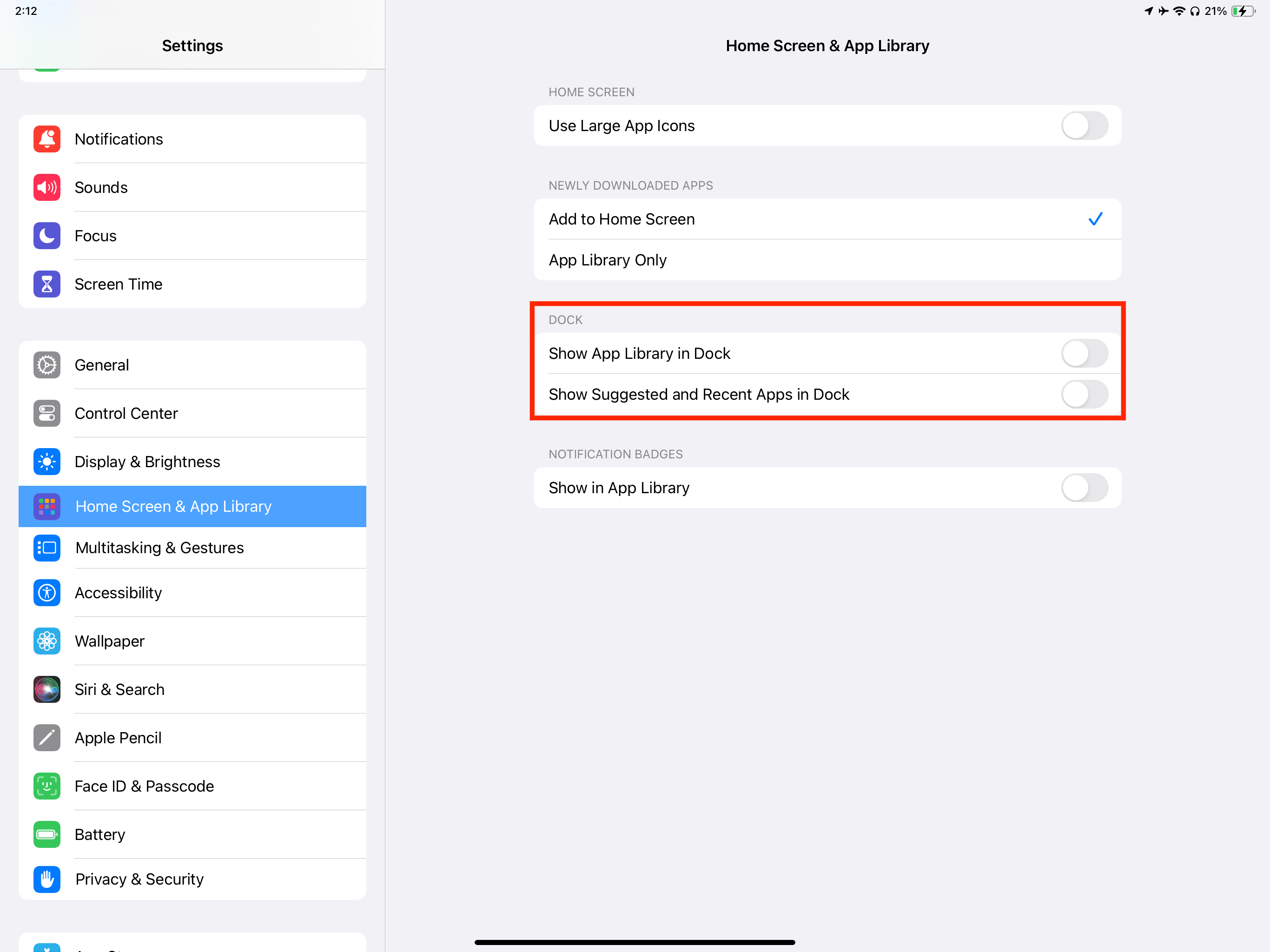 Dock settings on iPad
