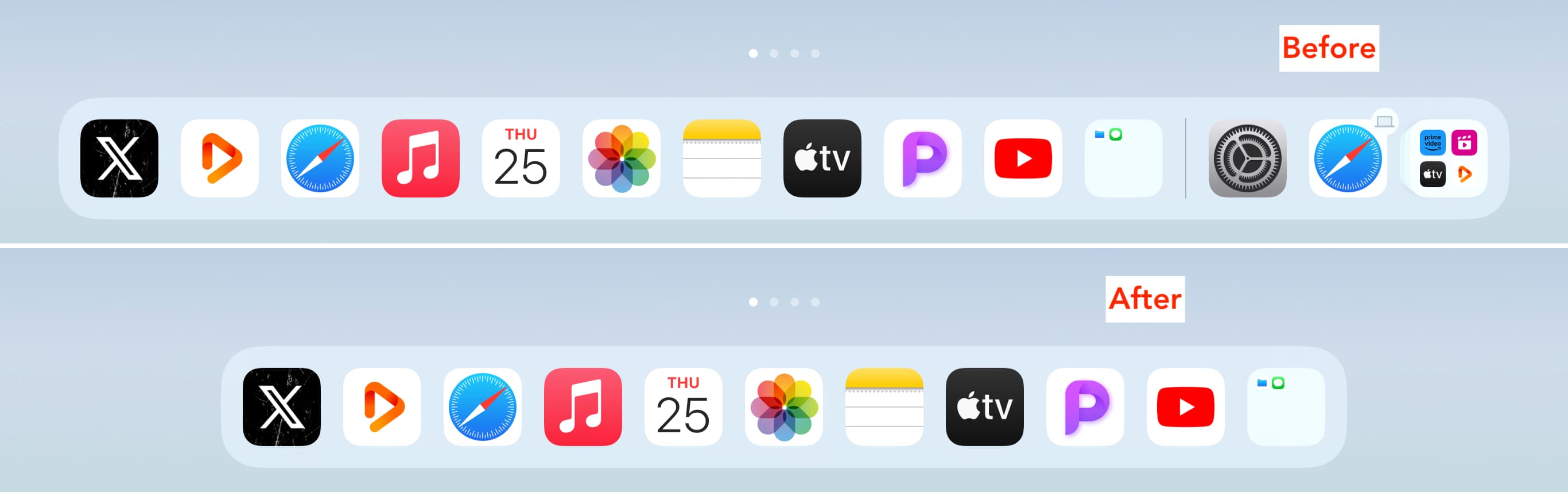 Dock with and without recent apps and App Library