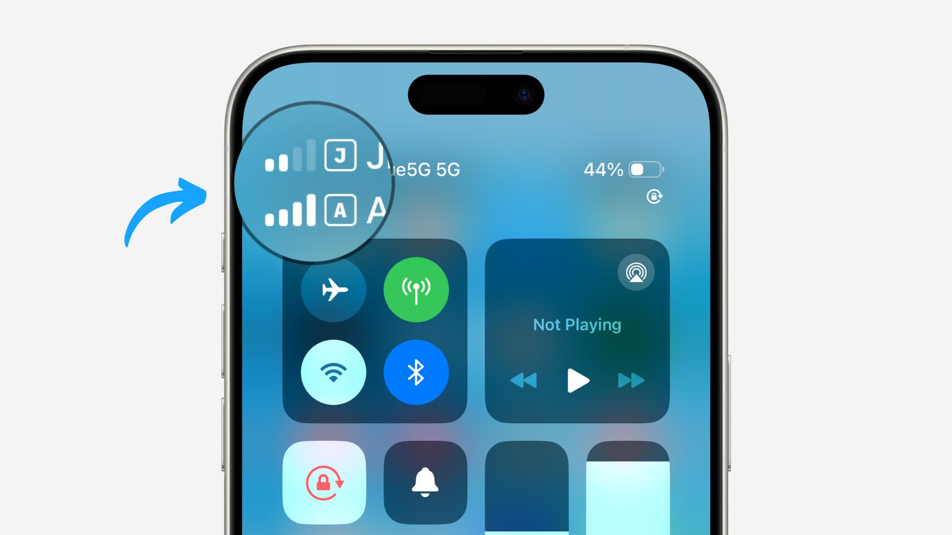 Dual SIM icons highlighted in iPhone Control Center