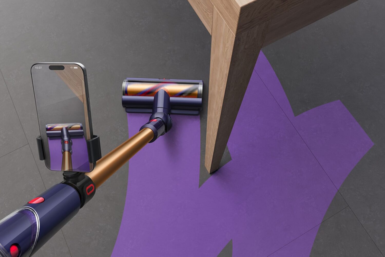 Top down view showing iPhone attached to a Dyson vacuum cleaner and mapping the room