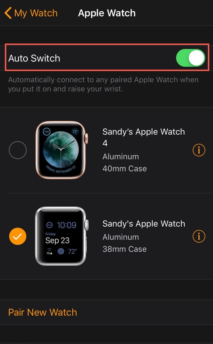 Enable Auto Switch on iPhone for your Apple Watches