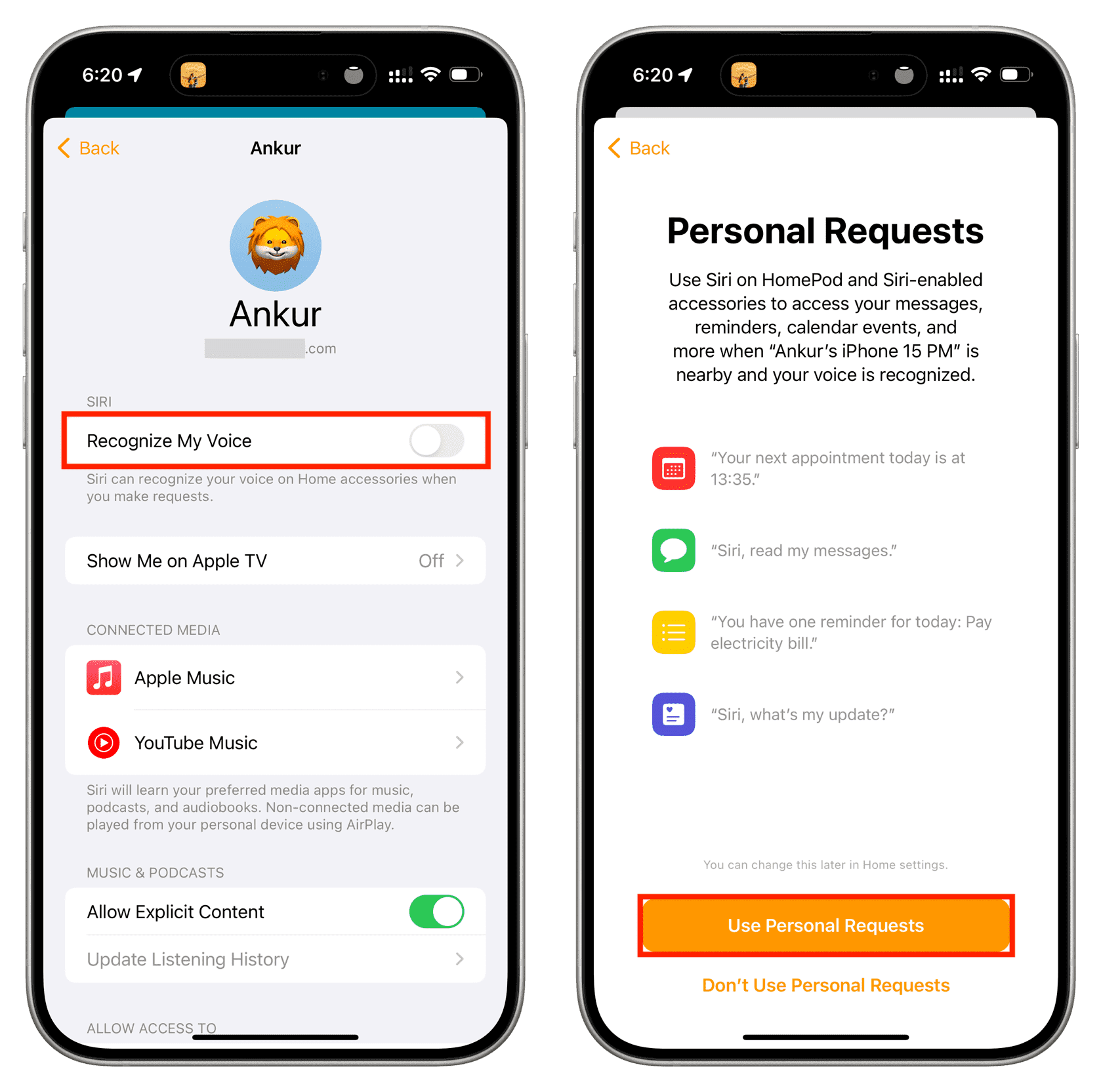 Enable Recognize My Voice and Personal Requests for HomePod
