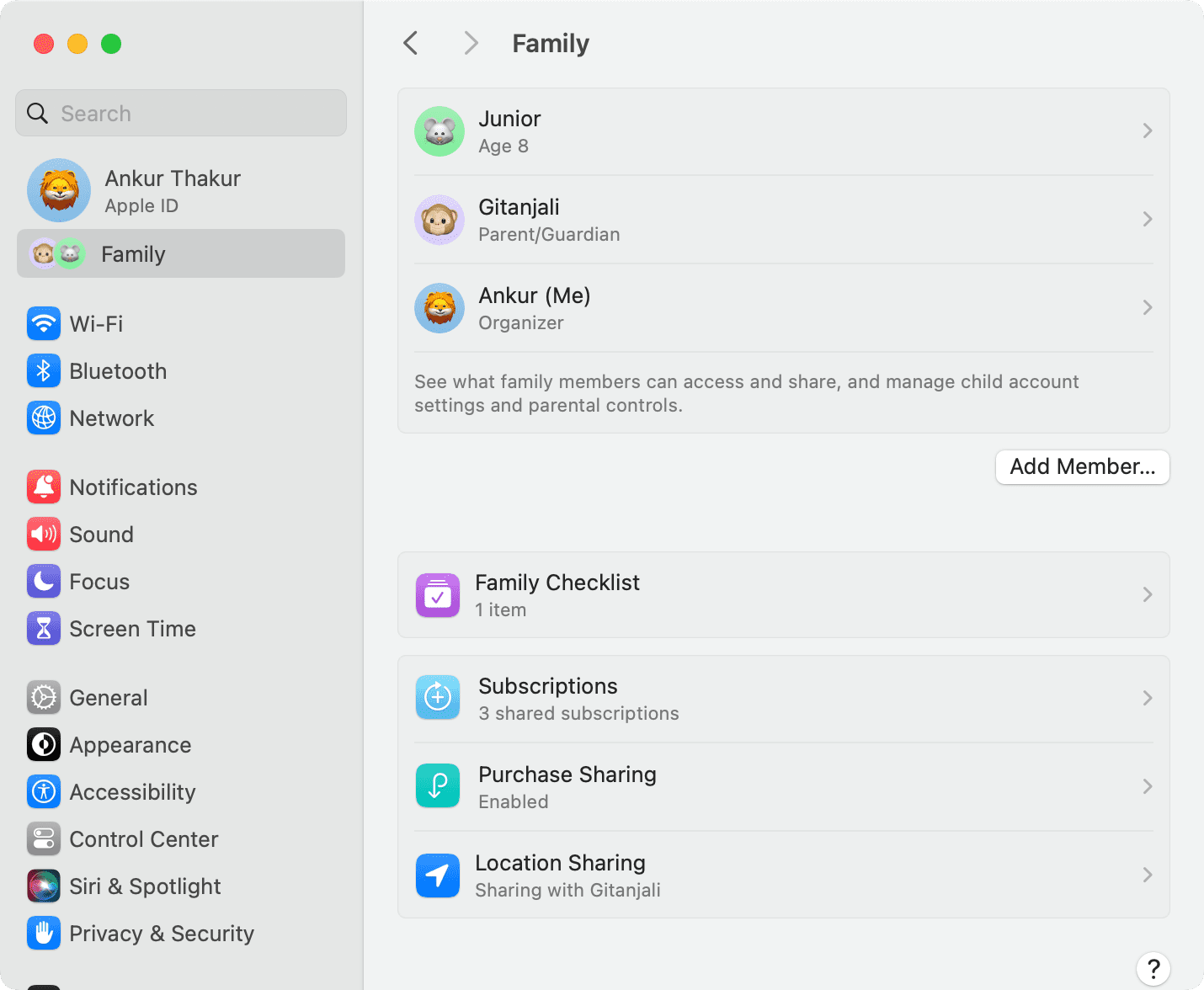 Family Sharing option in Mac System Settings