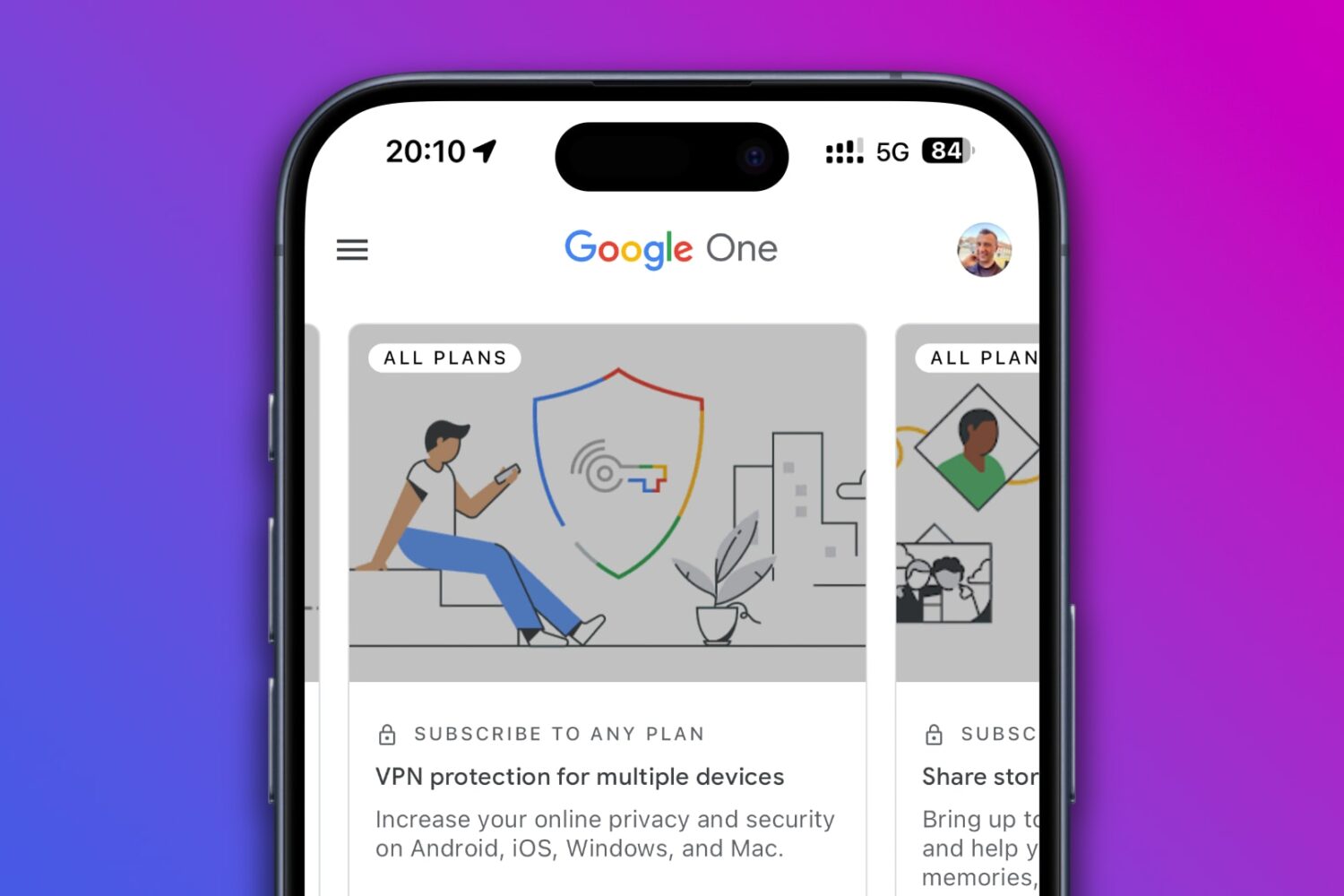 Google One app on iPhone showing a VPN service banner