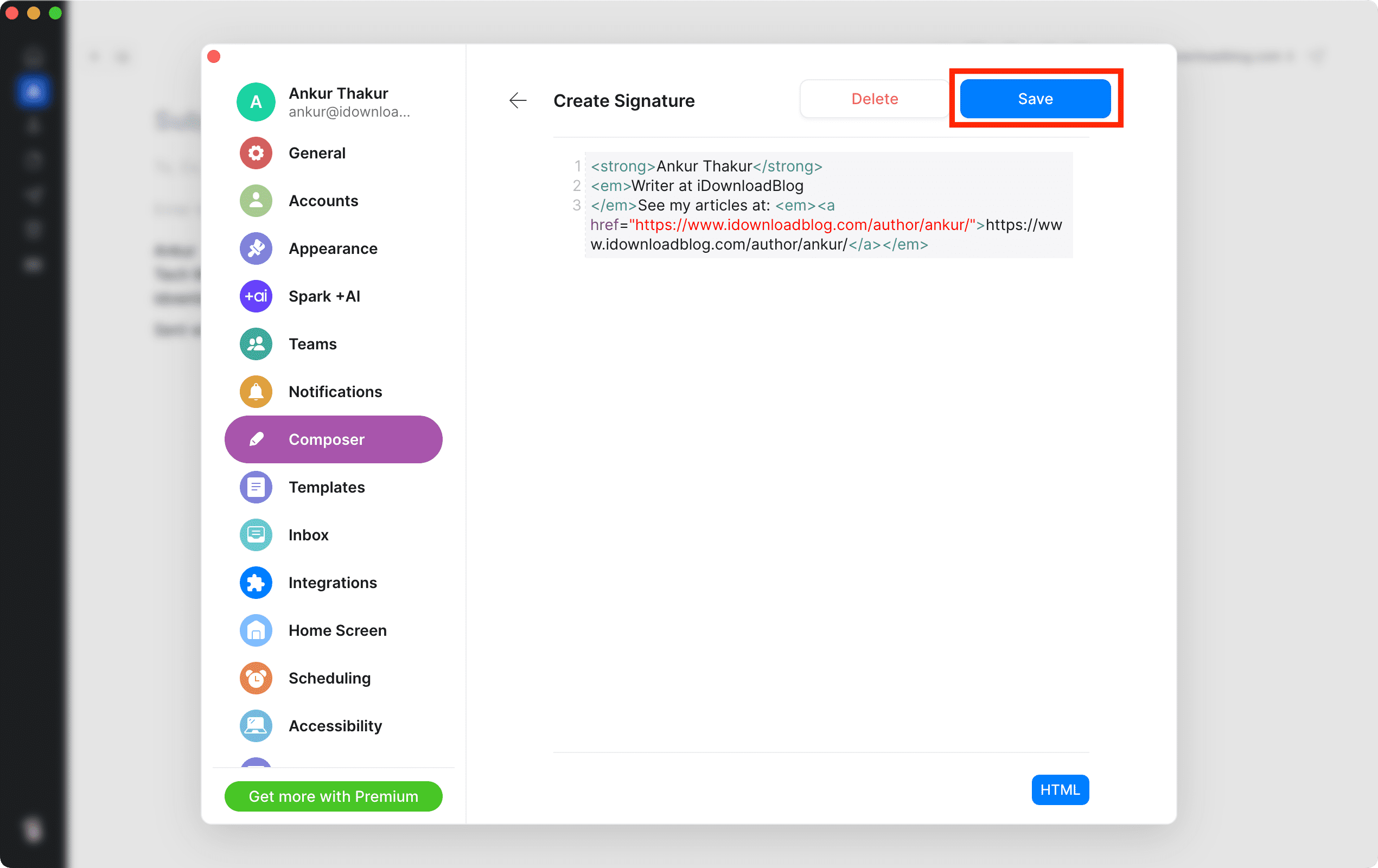 HTML Signature in Spark AI Email app on Mac
