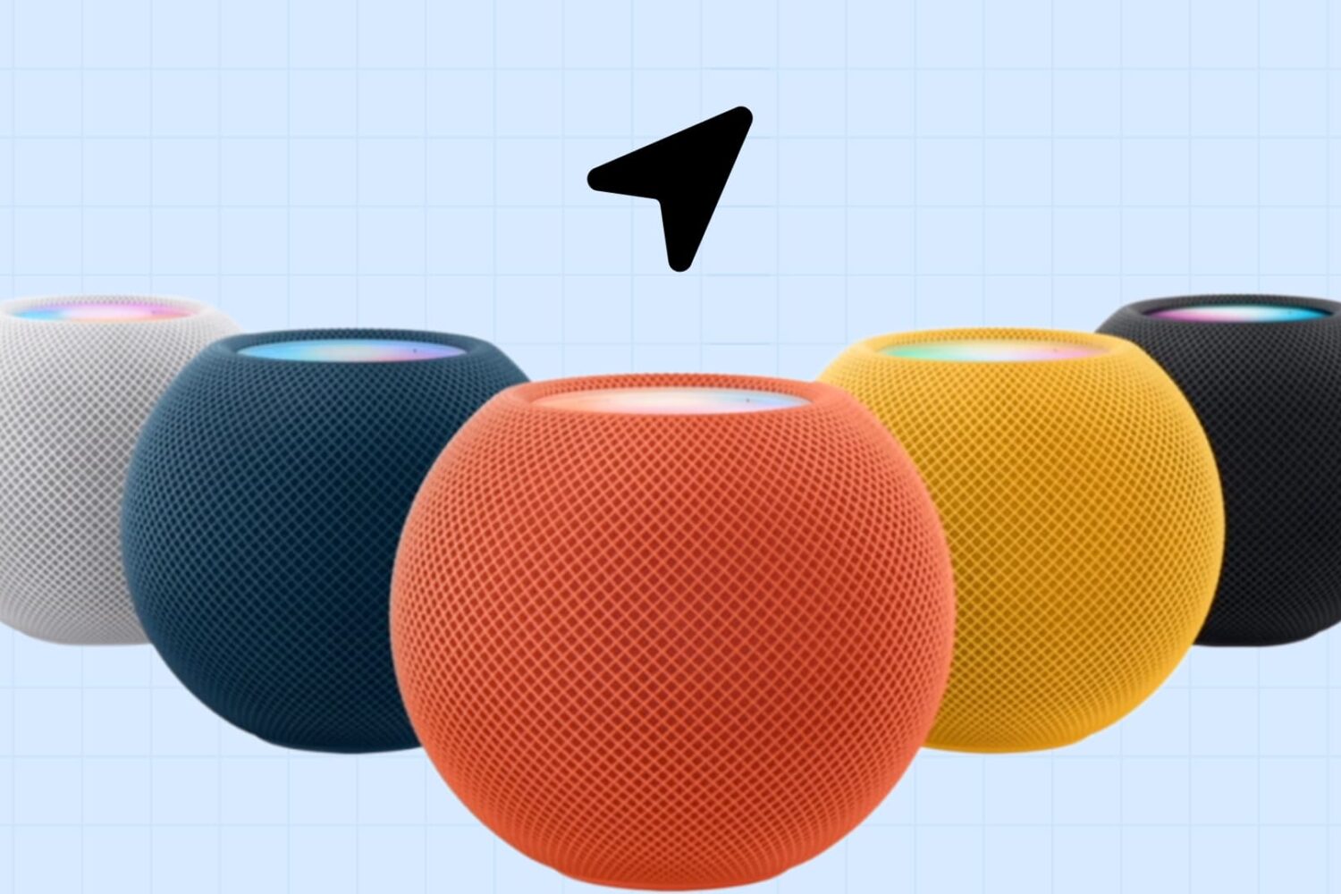 Bunch of colorful HomePods with Location icon above them