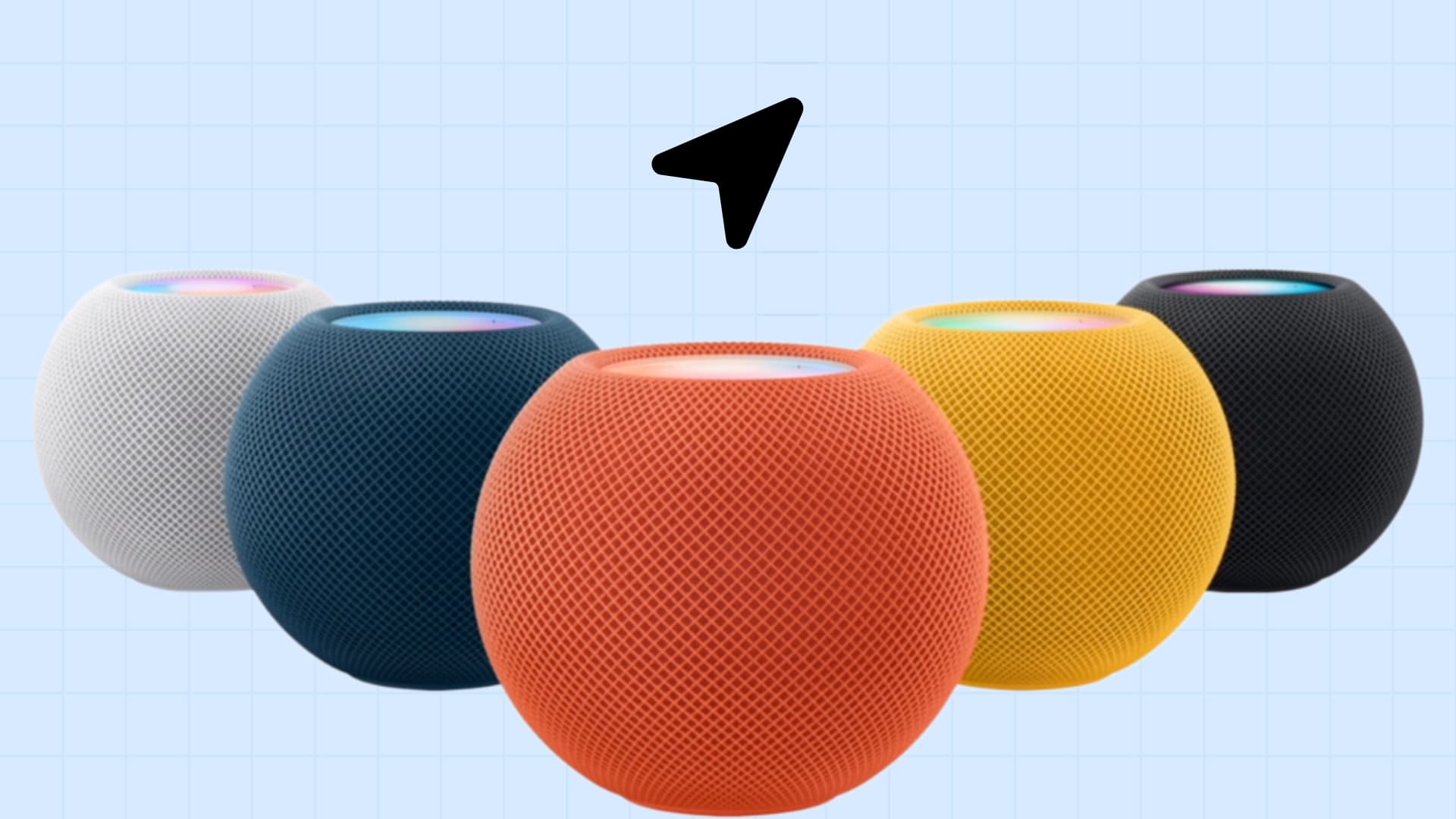 Bunch of colorful HomePods with Location icon above them