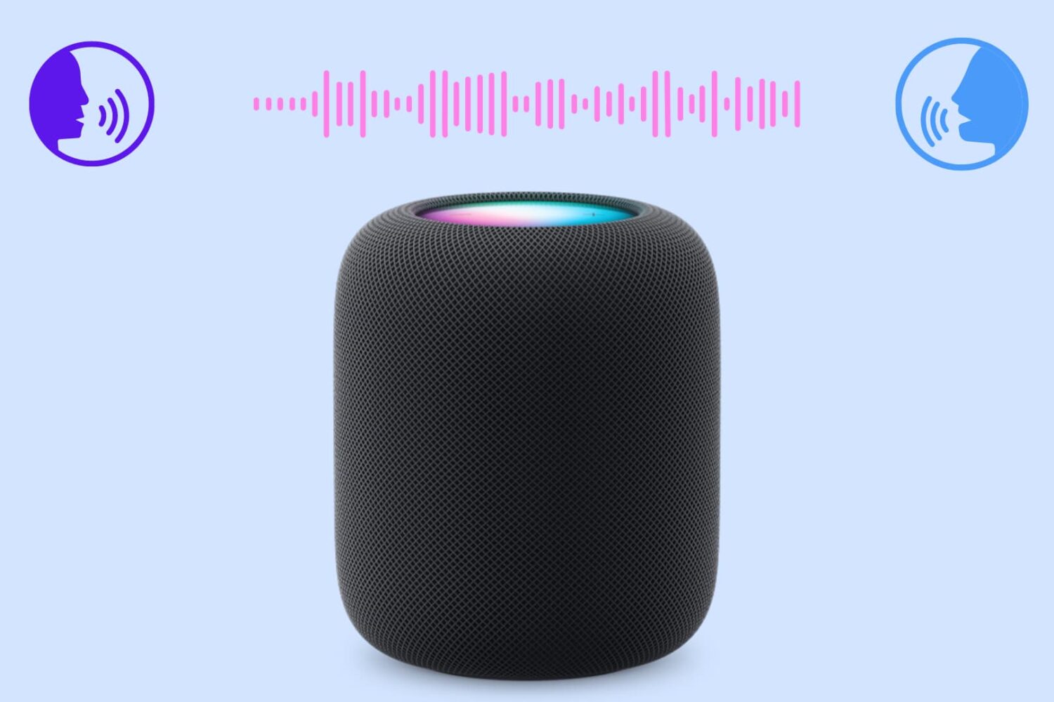 HomePod with people and sound icons to illustrate voice recognition