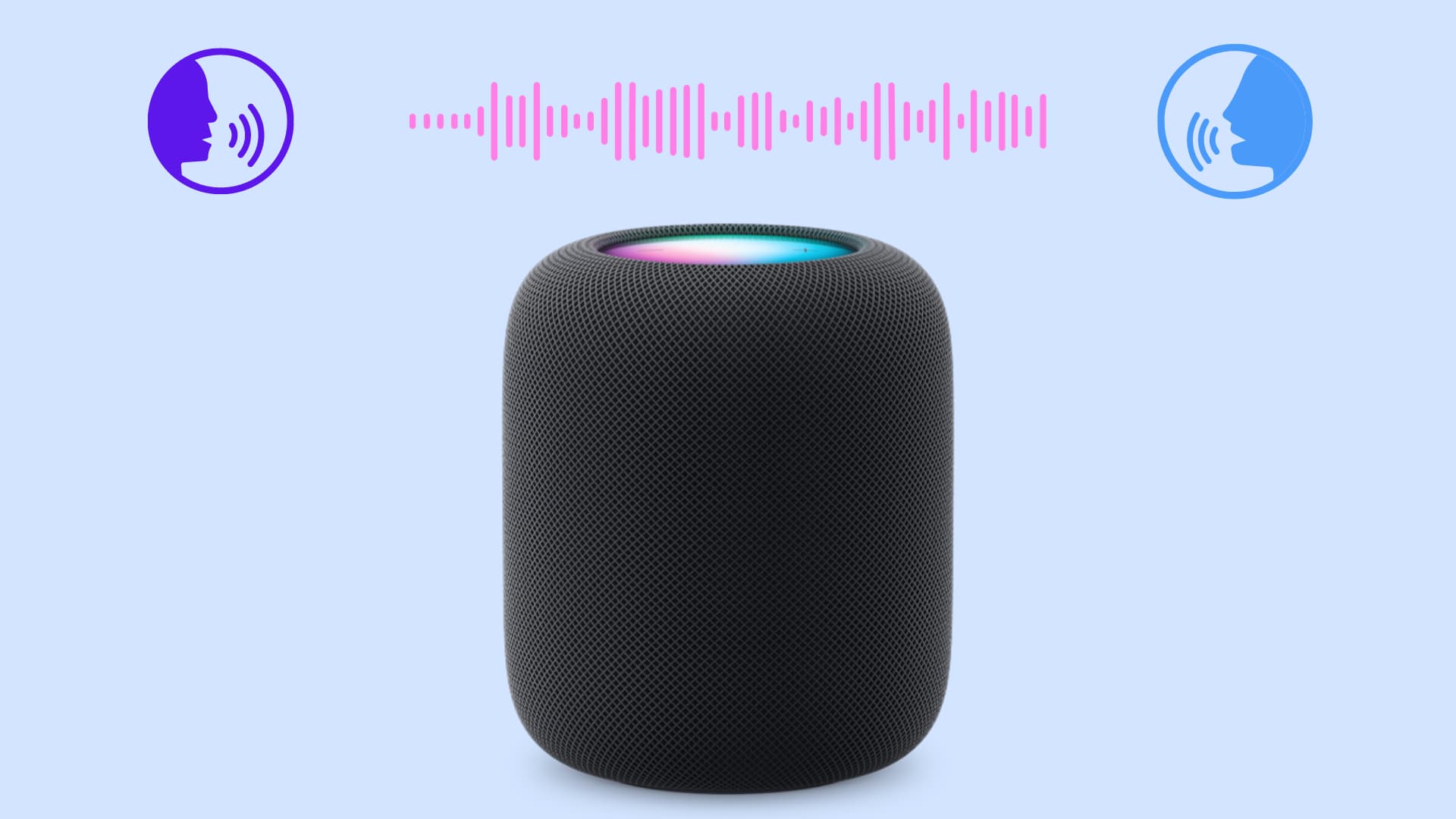HomePod with people and sound icons to illustrate voice recognition