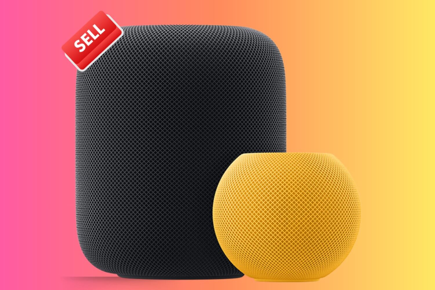 Black full size HomePod and yellow HomePod mini with a red Sell tag