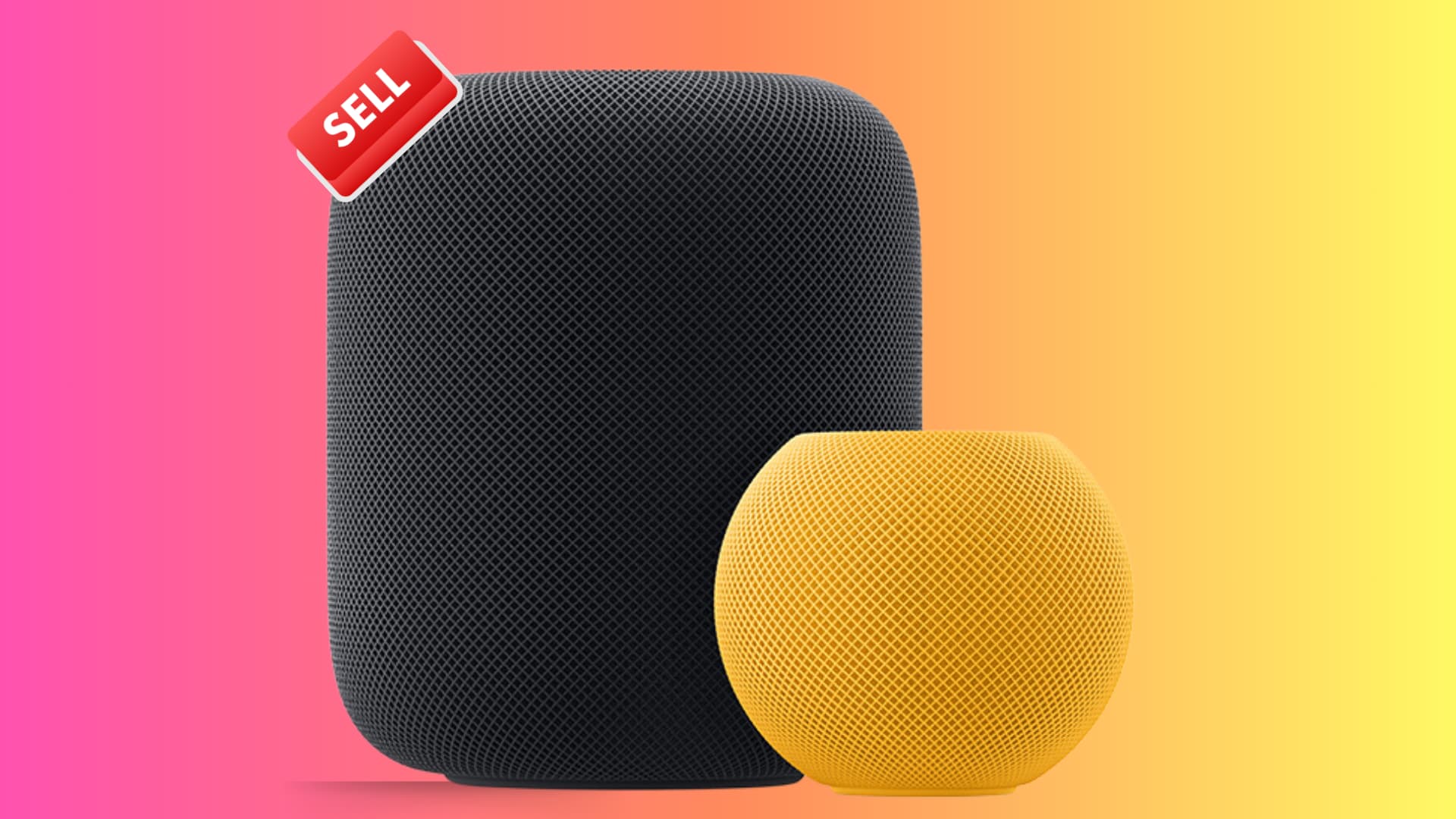 Black full size HomePod and yellow HomePod mini with a red Sell tag