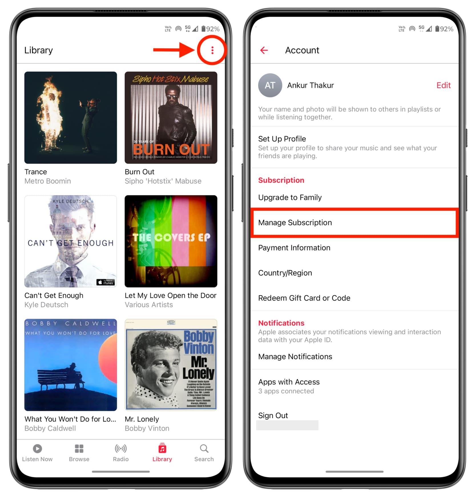 Manage Apple Music Subscription on Android phone