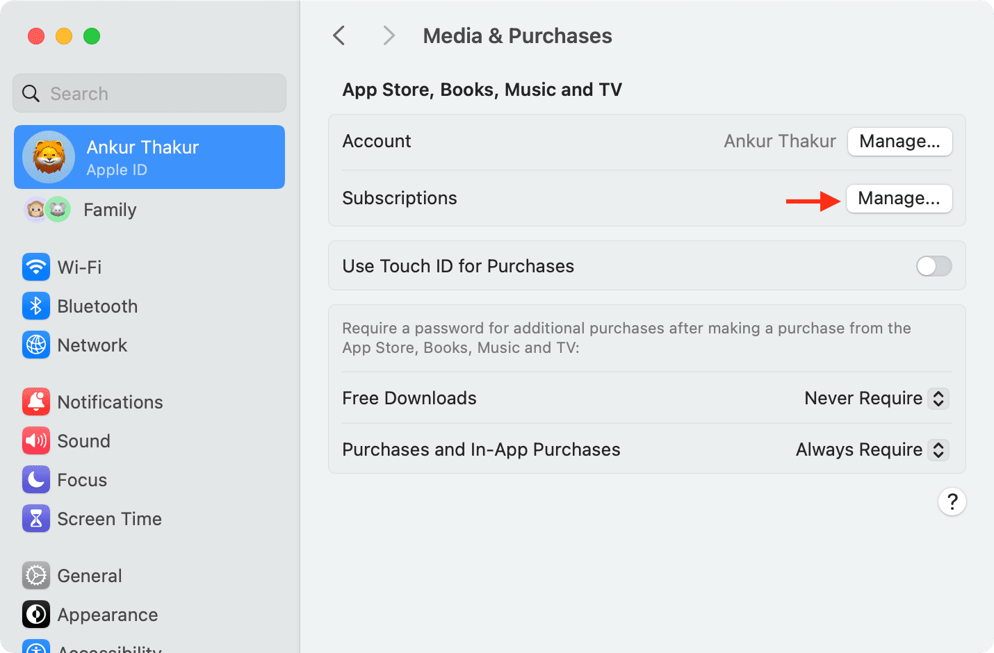 Manage Subscriptions option in Mac System Settings