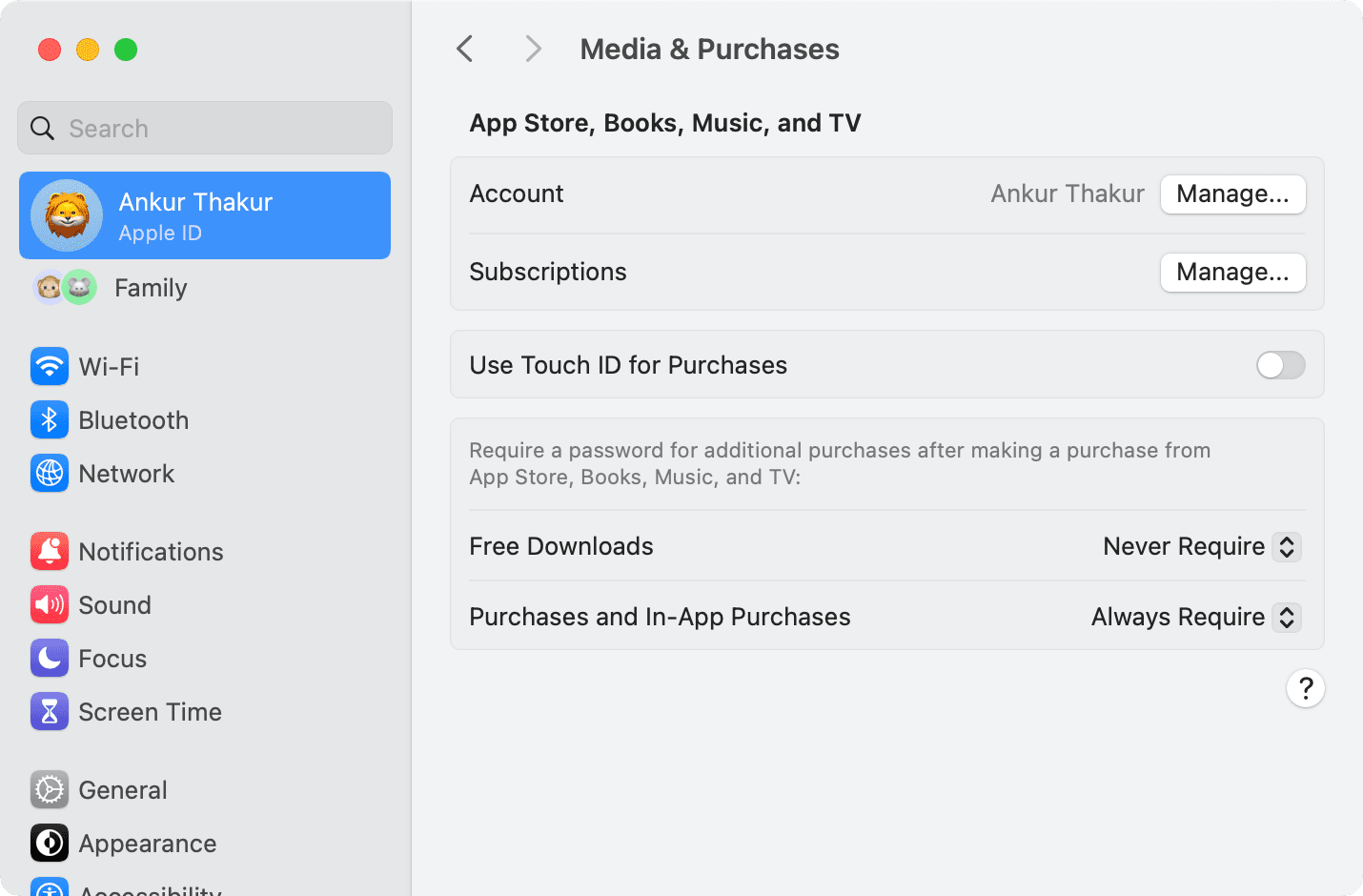 Media and Purchases in Apple ID section of Mac System Settings