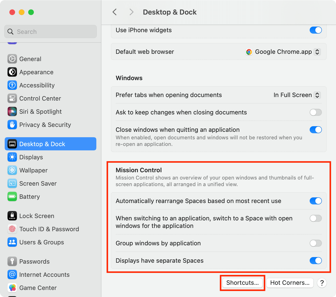 Mission Control settings on Mac
