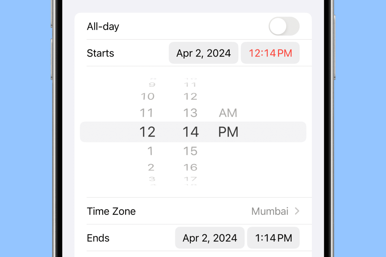 iPhone Calendar app with the minute hand of the spinning time picker with one minute increments