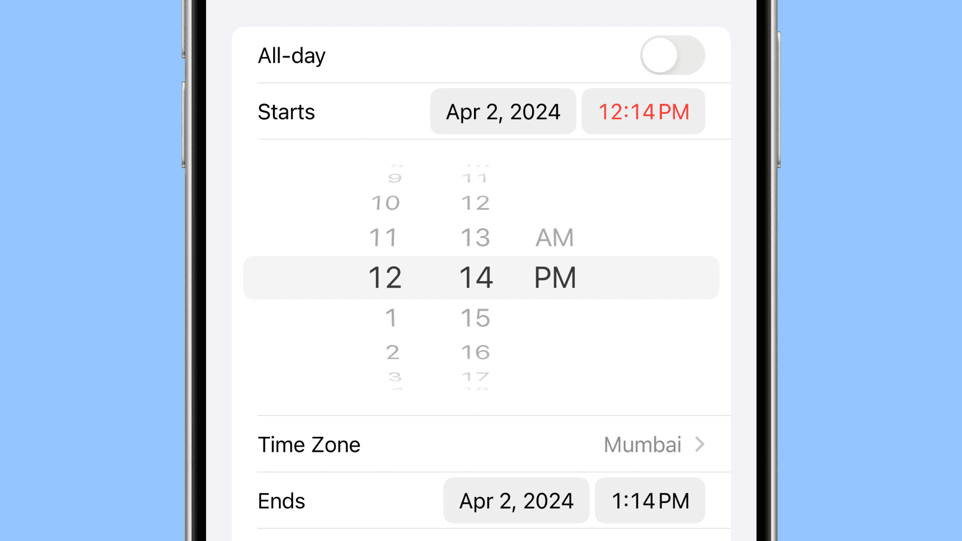 iPhone Calendar app with the minute hand of the spinning time picker with one minute increments 