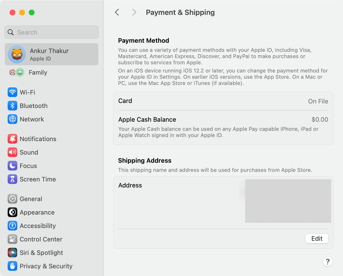 Payment and Shipping on Apple ID screen on Mac