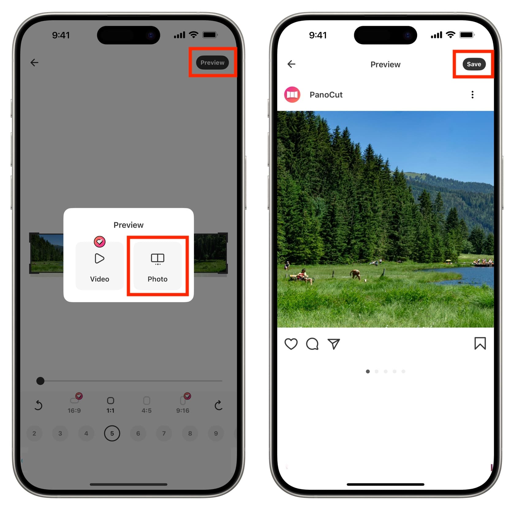 Preview and save split panorama image before posting to Instagram