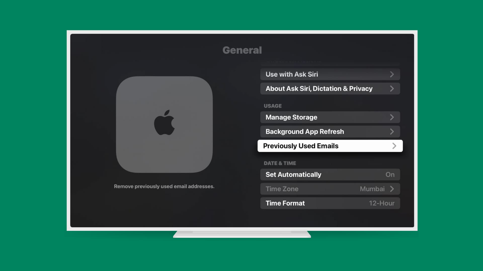 Previously Used Emails settings on Apple TV