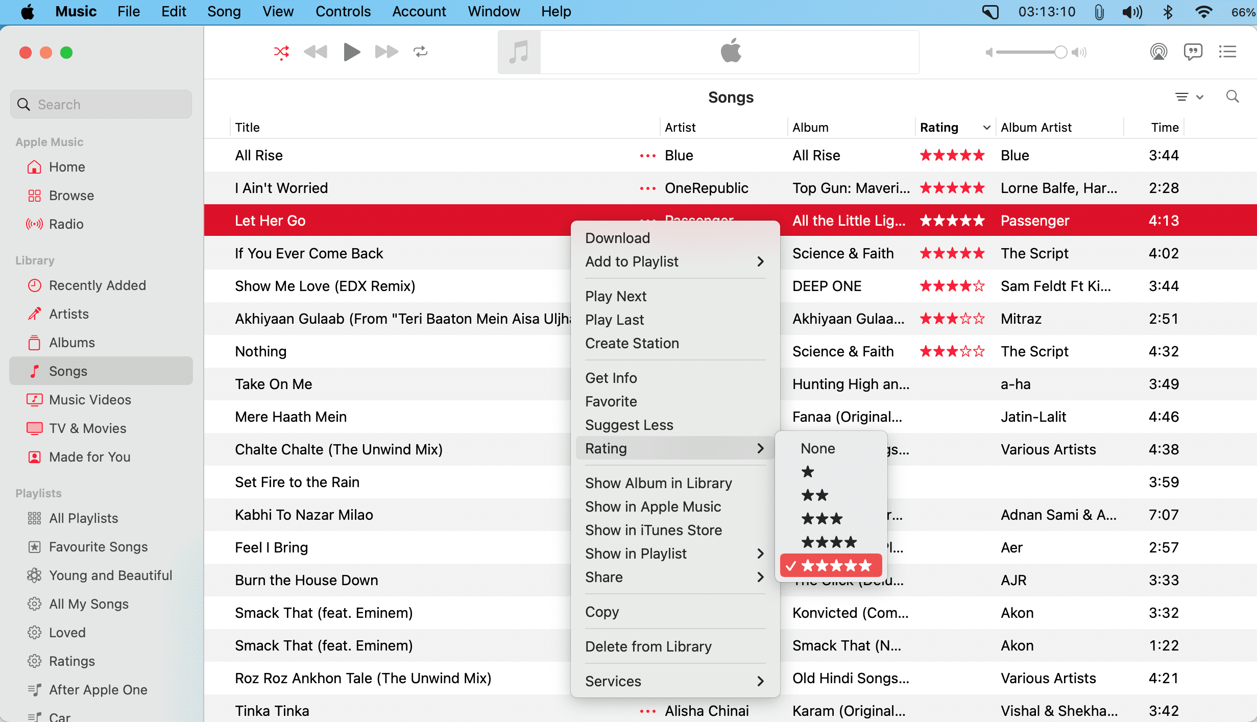 Rating a song in Music app Mac