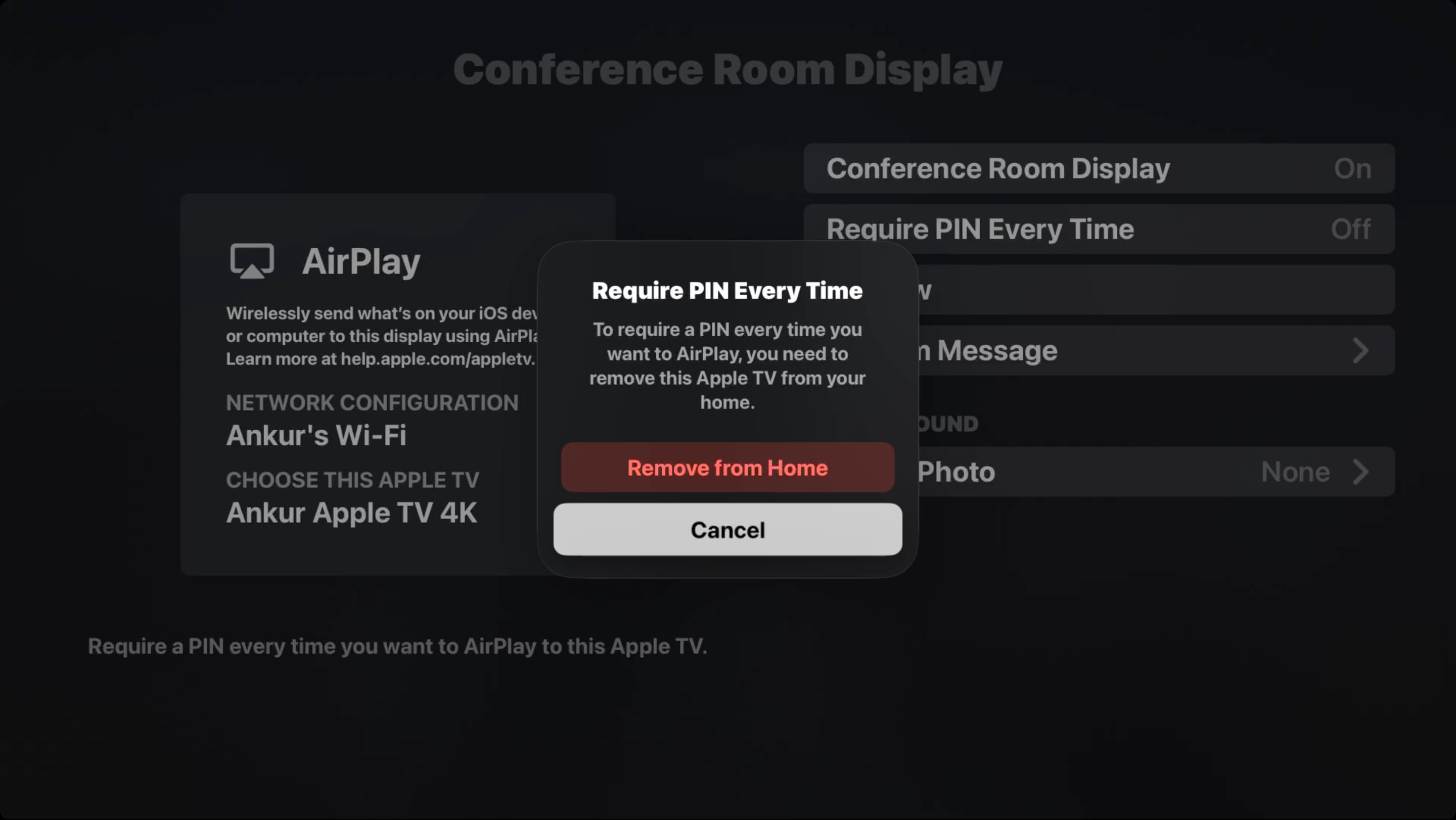Remove from Home prompt in Conference Room Display on Apple TV