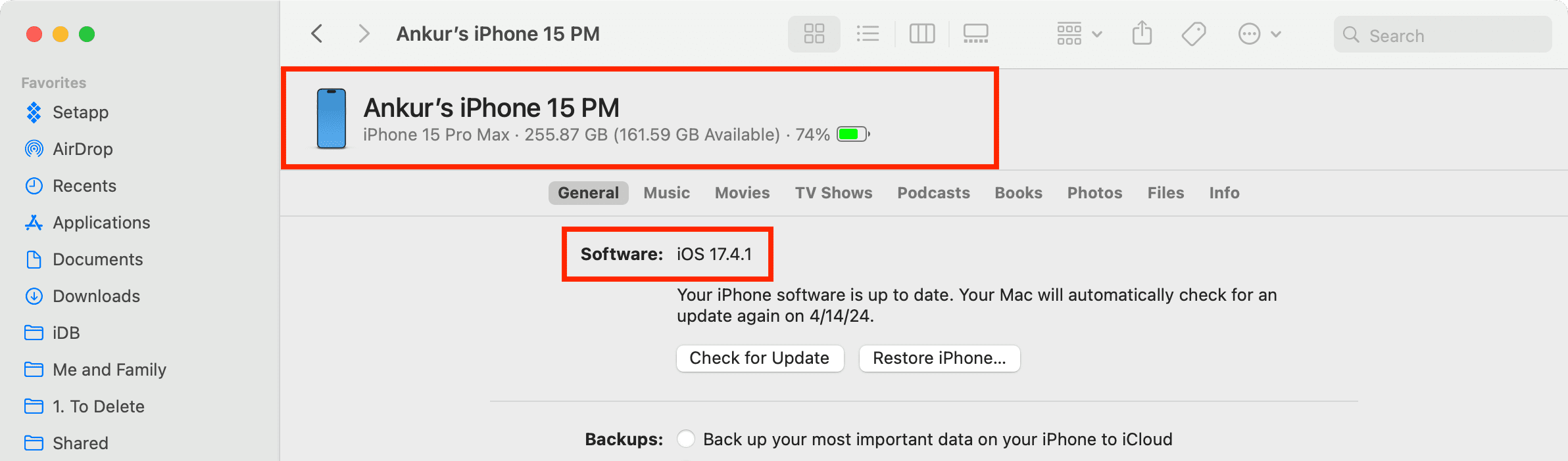See iPhone details in Finder on Mac