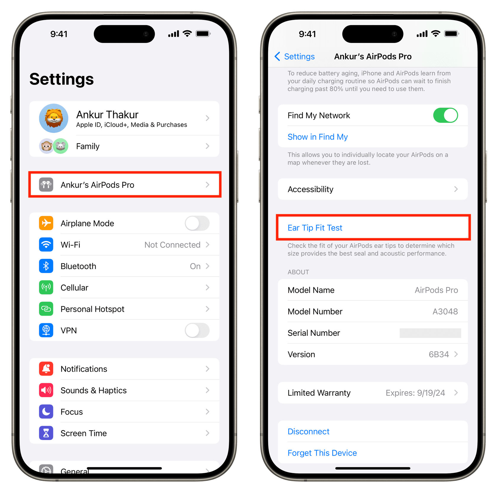 Select AirPods in iPhone Settings and tap Ear Tip Fit Test