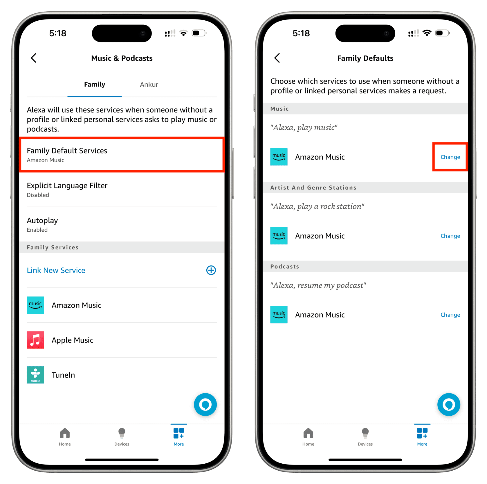Selecting Family Default Services in Alexa app