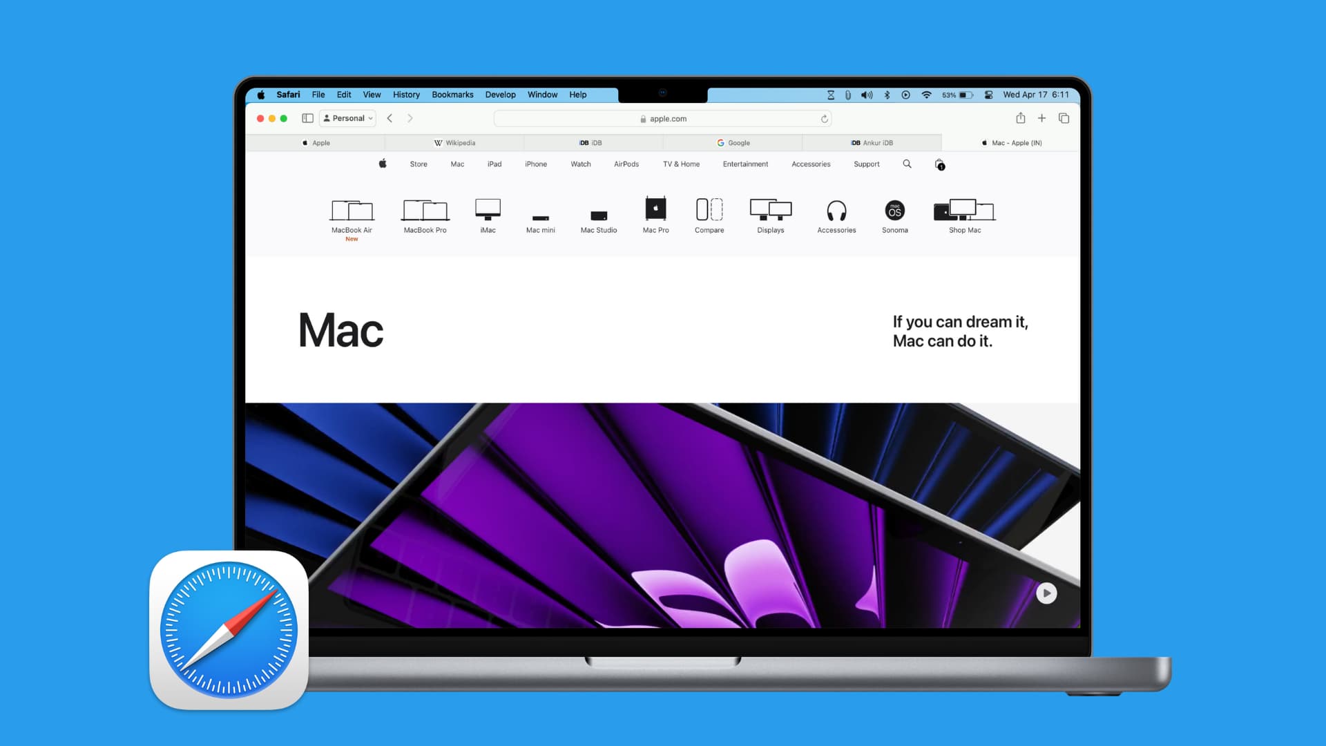 Several tabs open in Safari on MacBook