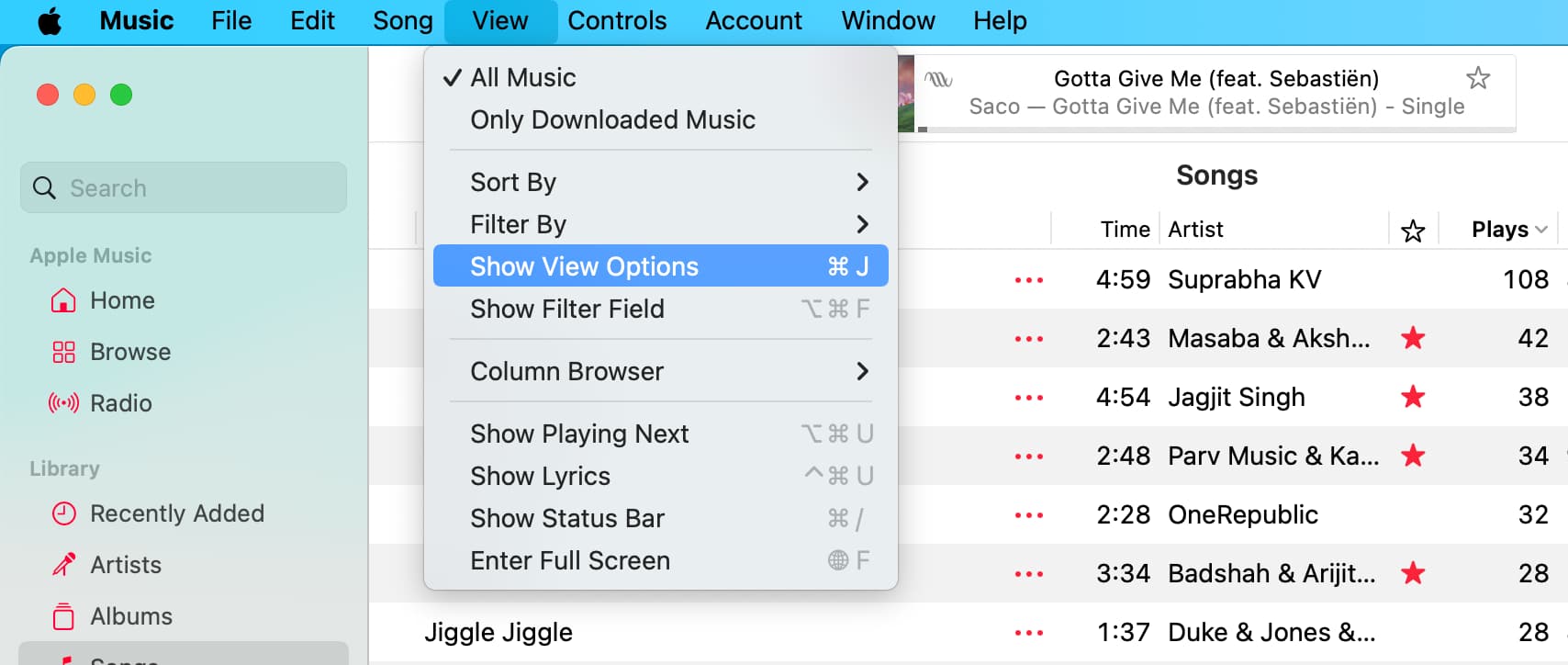 Show View Options in Mac Music app