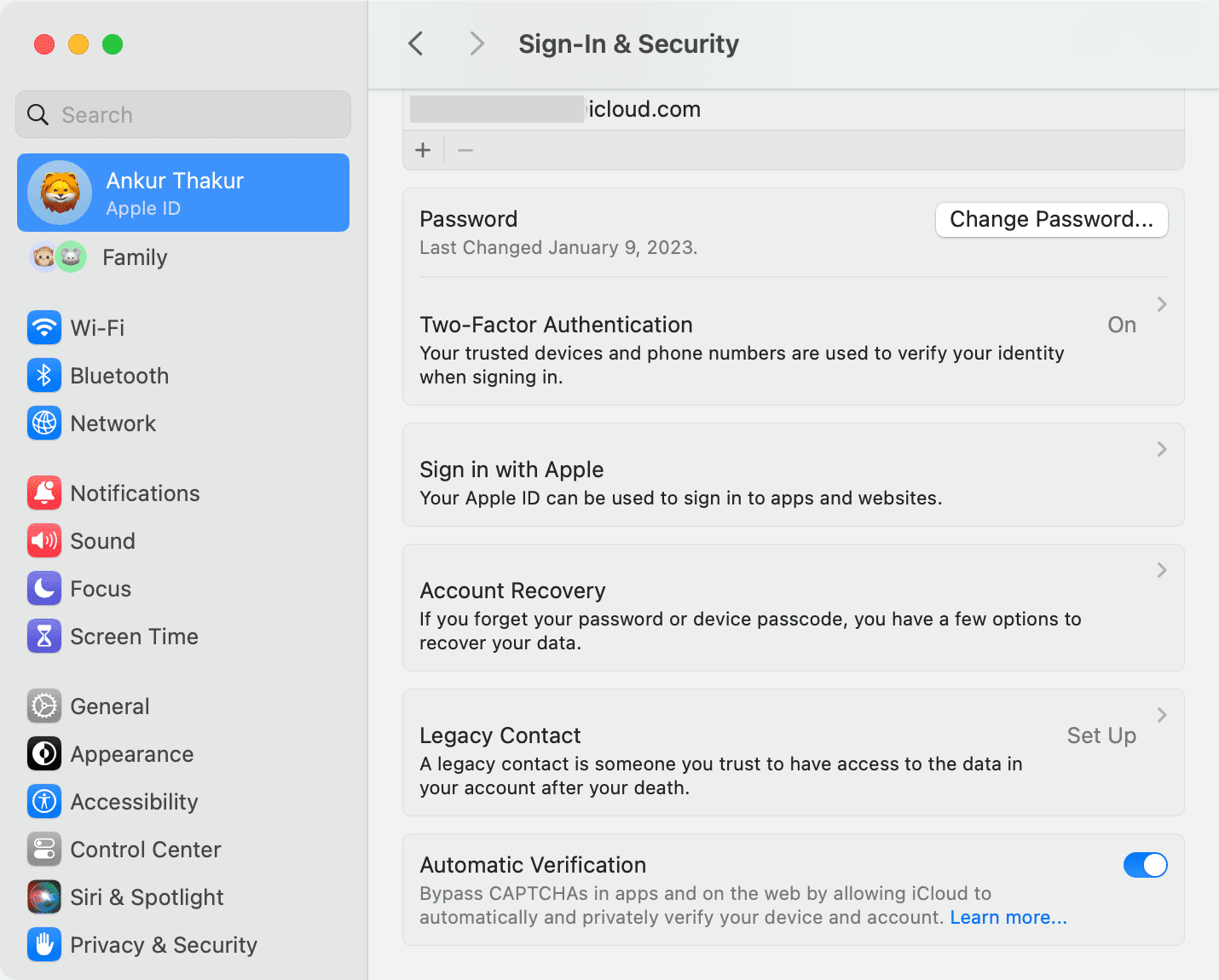 Sign-In and Security in Apple ID settings on Mac