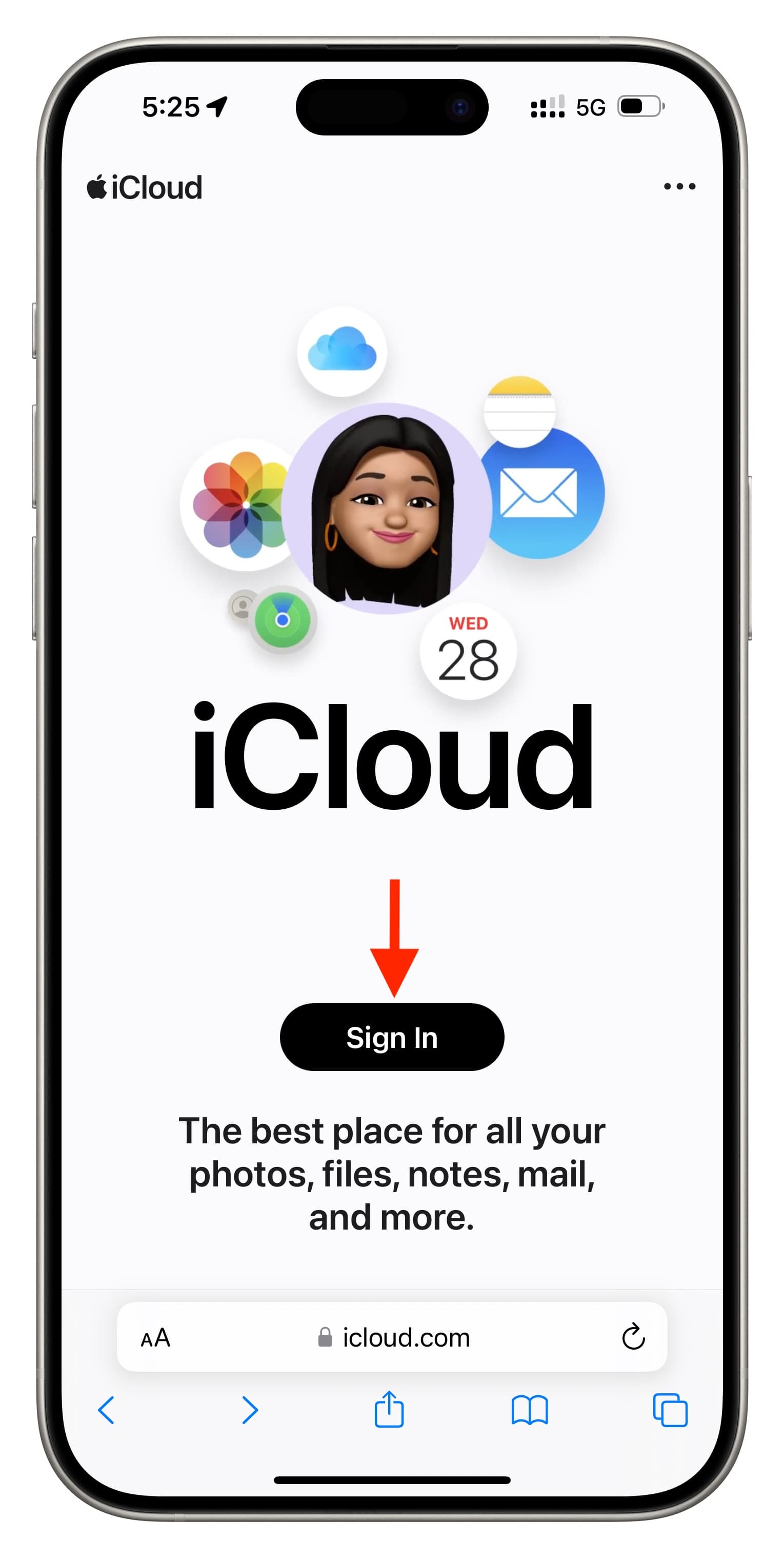 Sign in button on iCloud web on iPhone