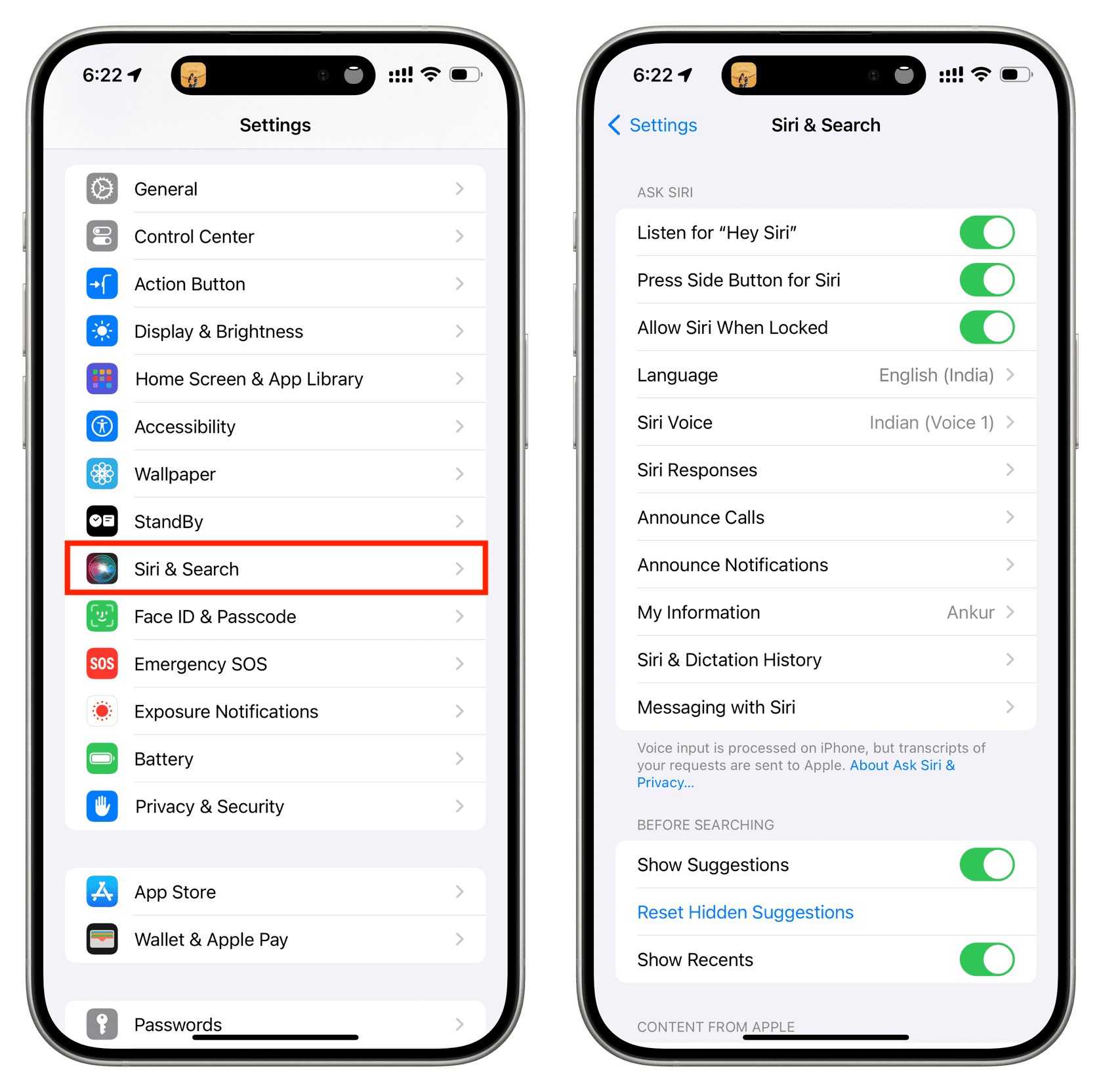 Siri and Search settings for iPhone