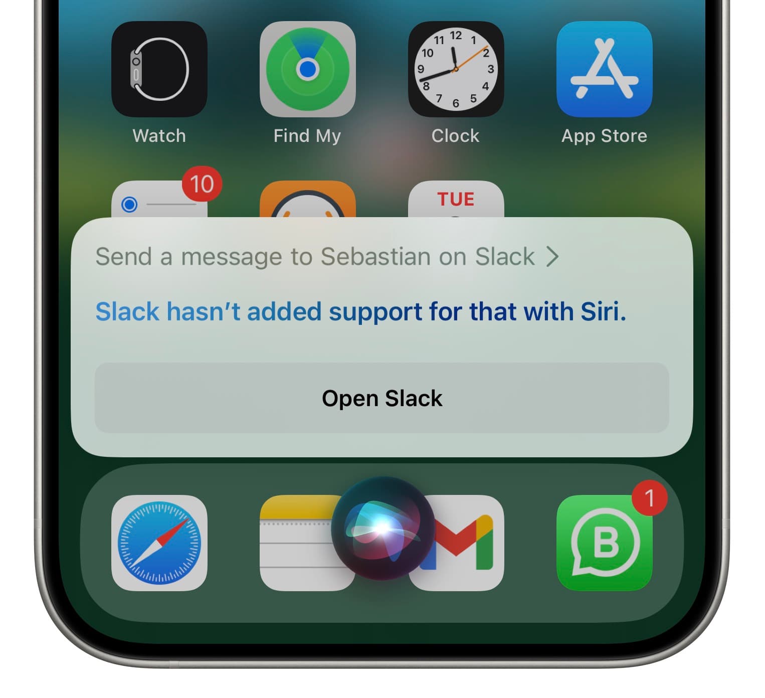 Slack hasn't added support for that with Siri alert on iPhone