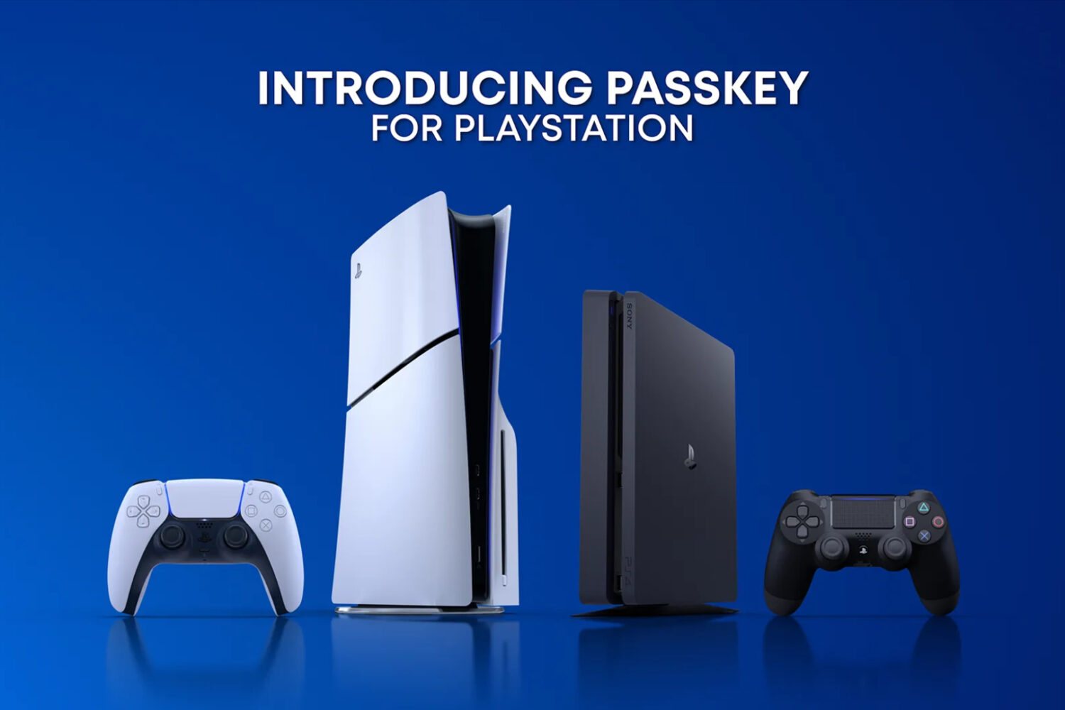 Marketing image showcasing the PlayStation 4 and 5 consoles with their gamepads, set against a blue gradient background with the tagline "Introducing passkey for PlayStation" at the top