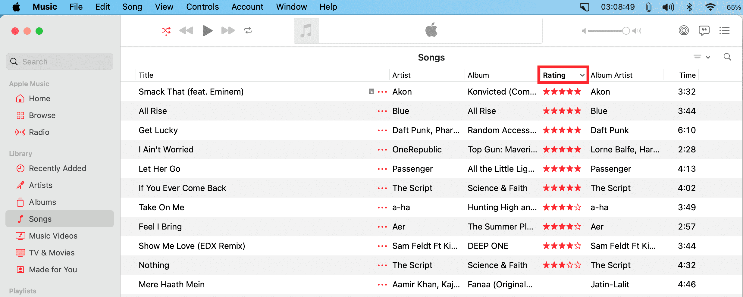 Sort by Rating in Music app on Mac