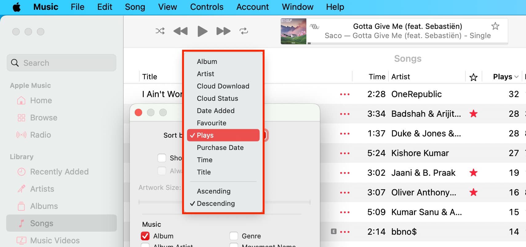 Sort by options in Music app on Mac