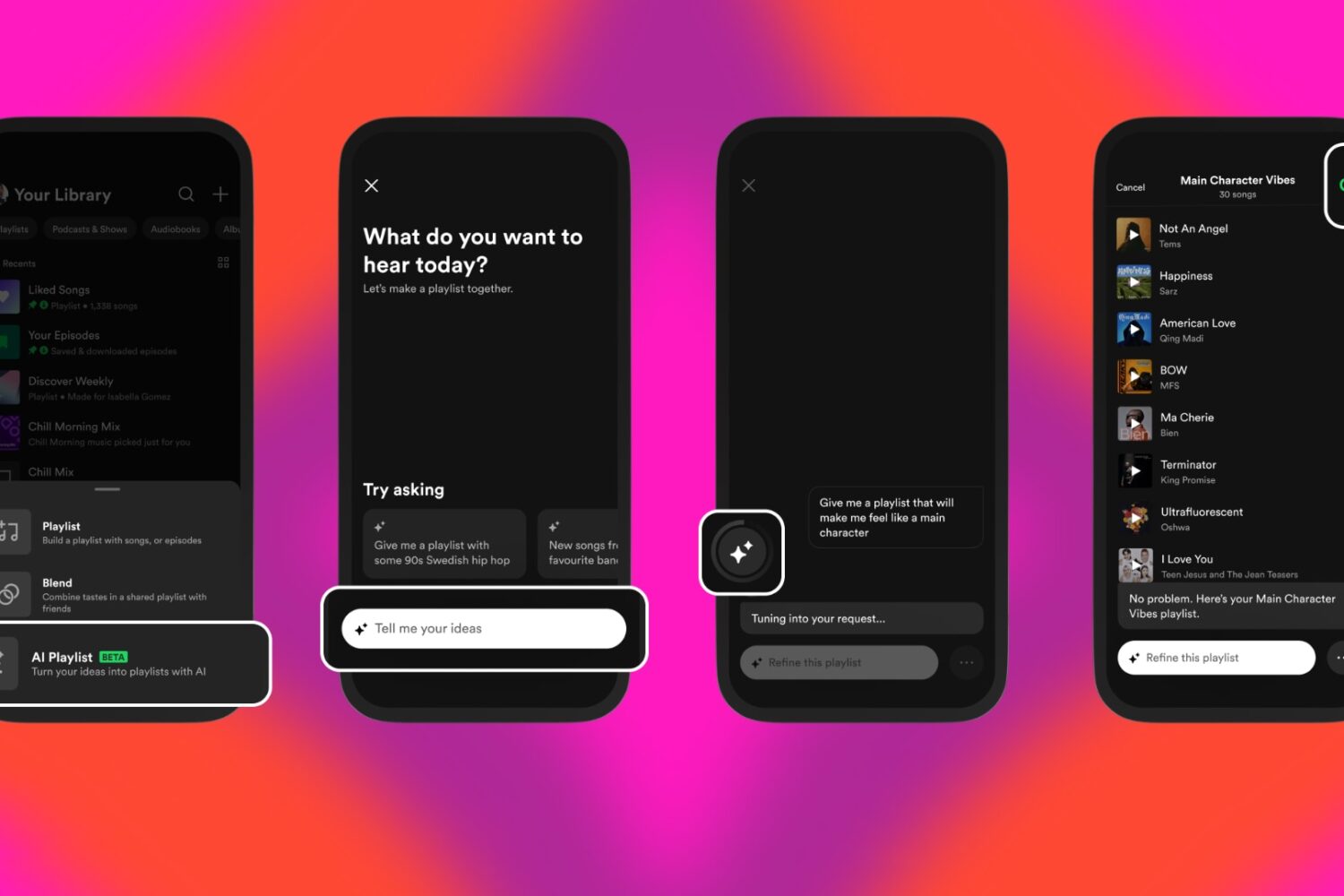 iPhone screenshots explaining the steps to use Spotify's AI-generated playlists