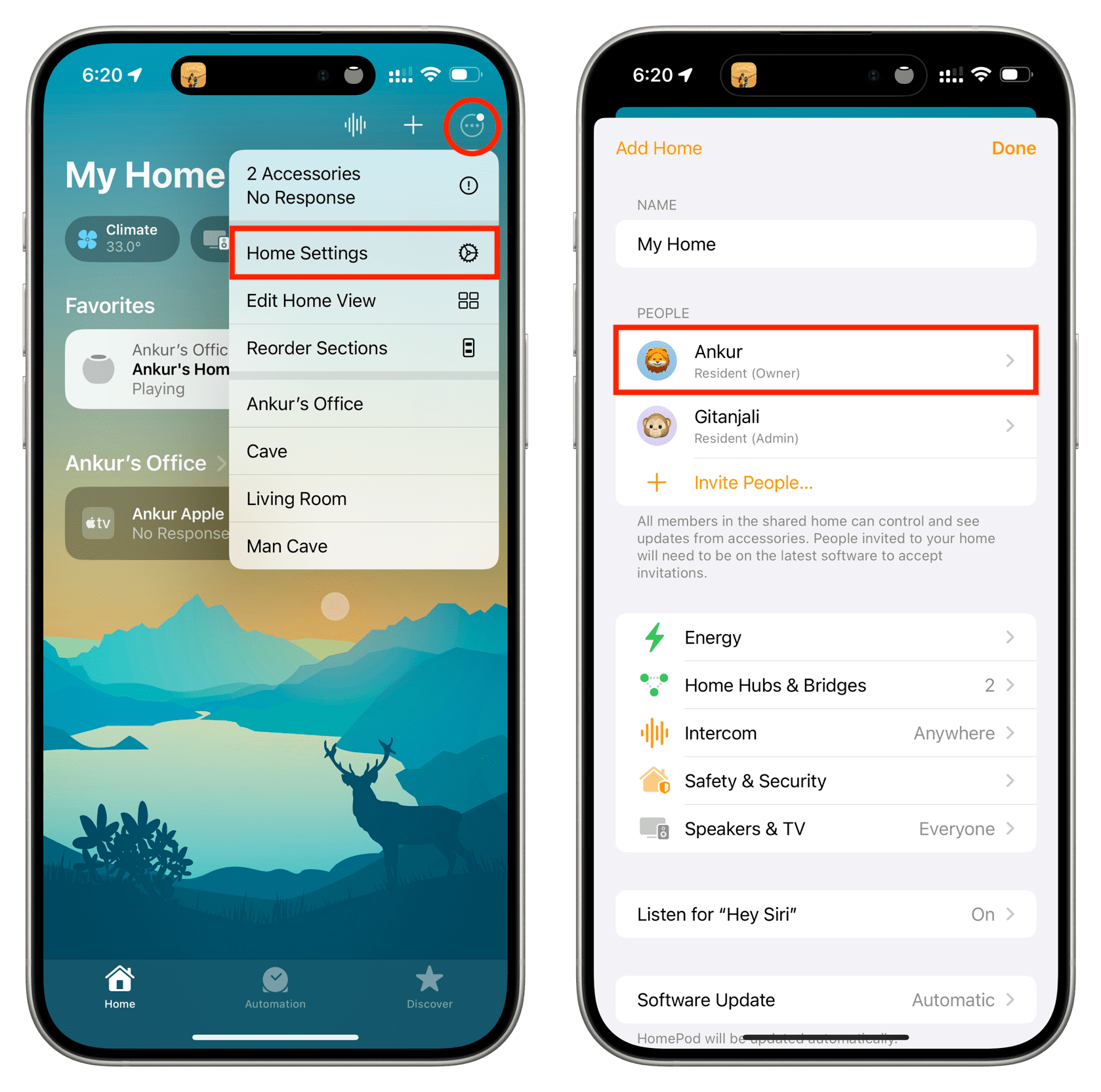 Tap Home Settings in iPhone Home app and select your name