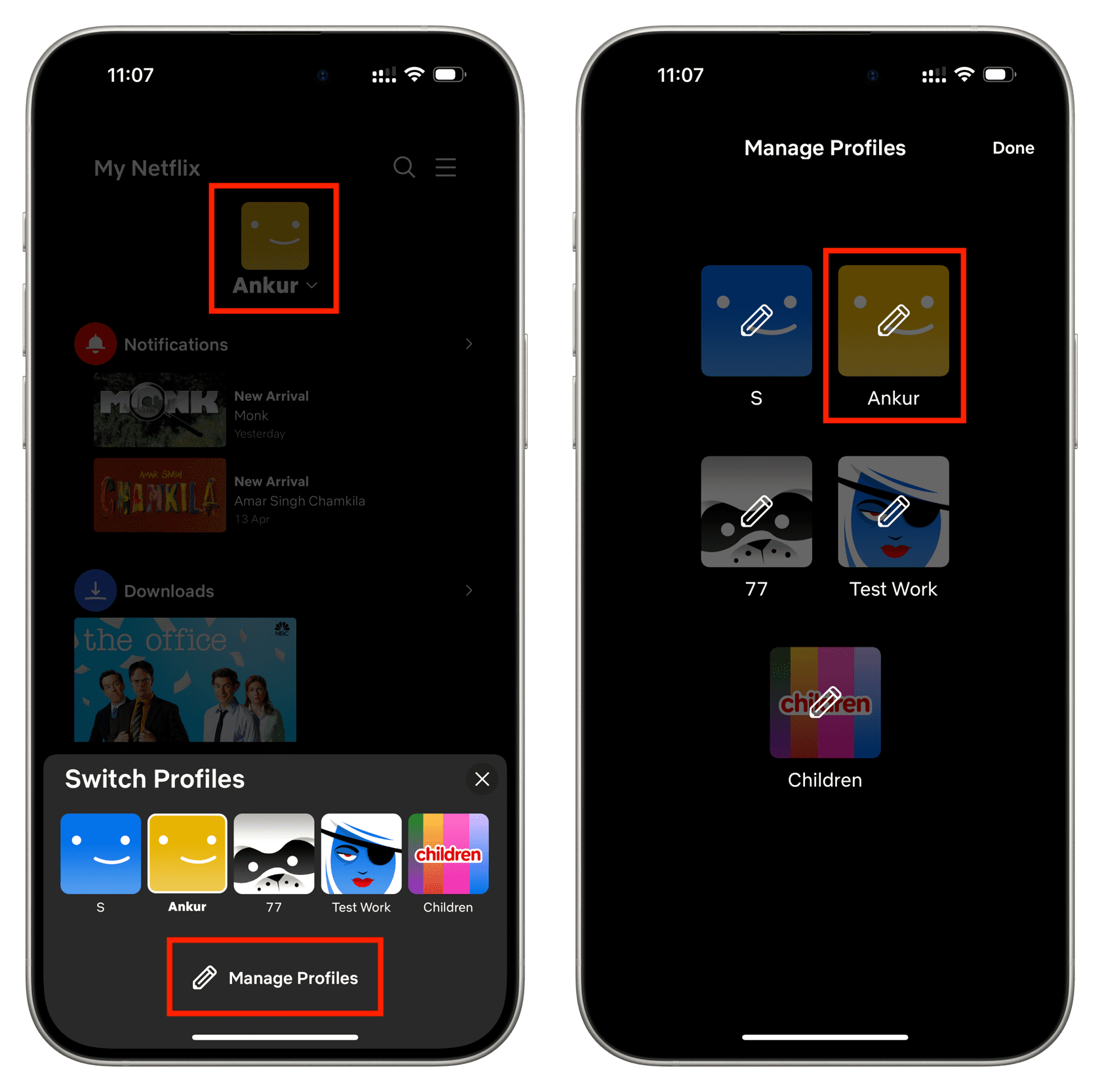 Tap Manage Profiles and select your profile in Netflix on iPhone
